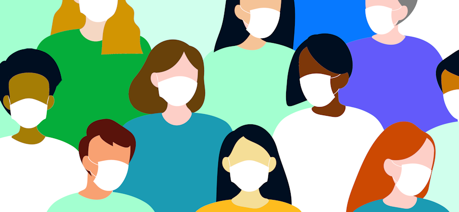  illustration of diverse group wearing face coverings 