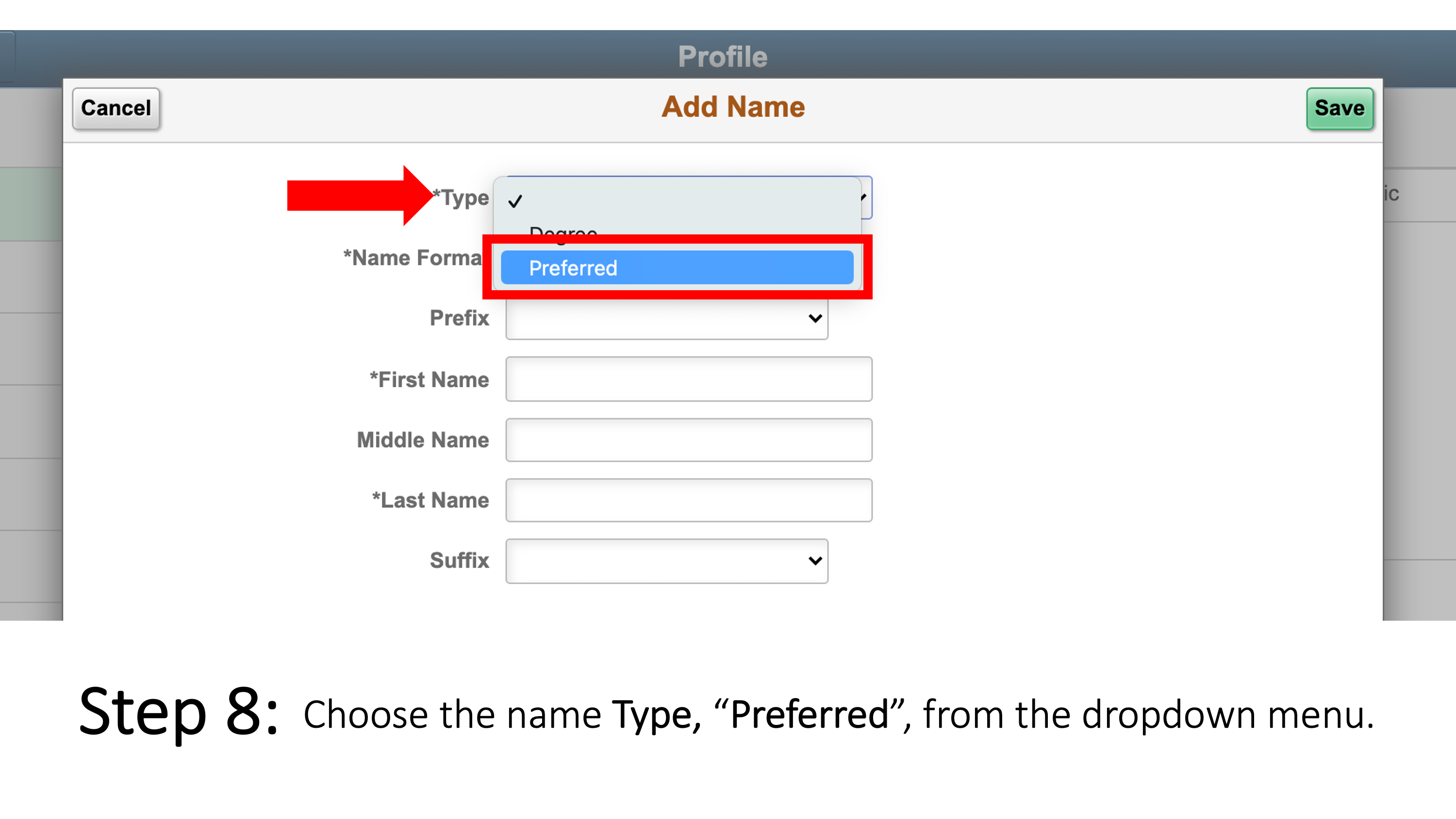 Choose the name Type, “Preferred”, from the dropdown menu.