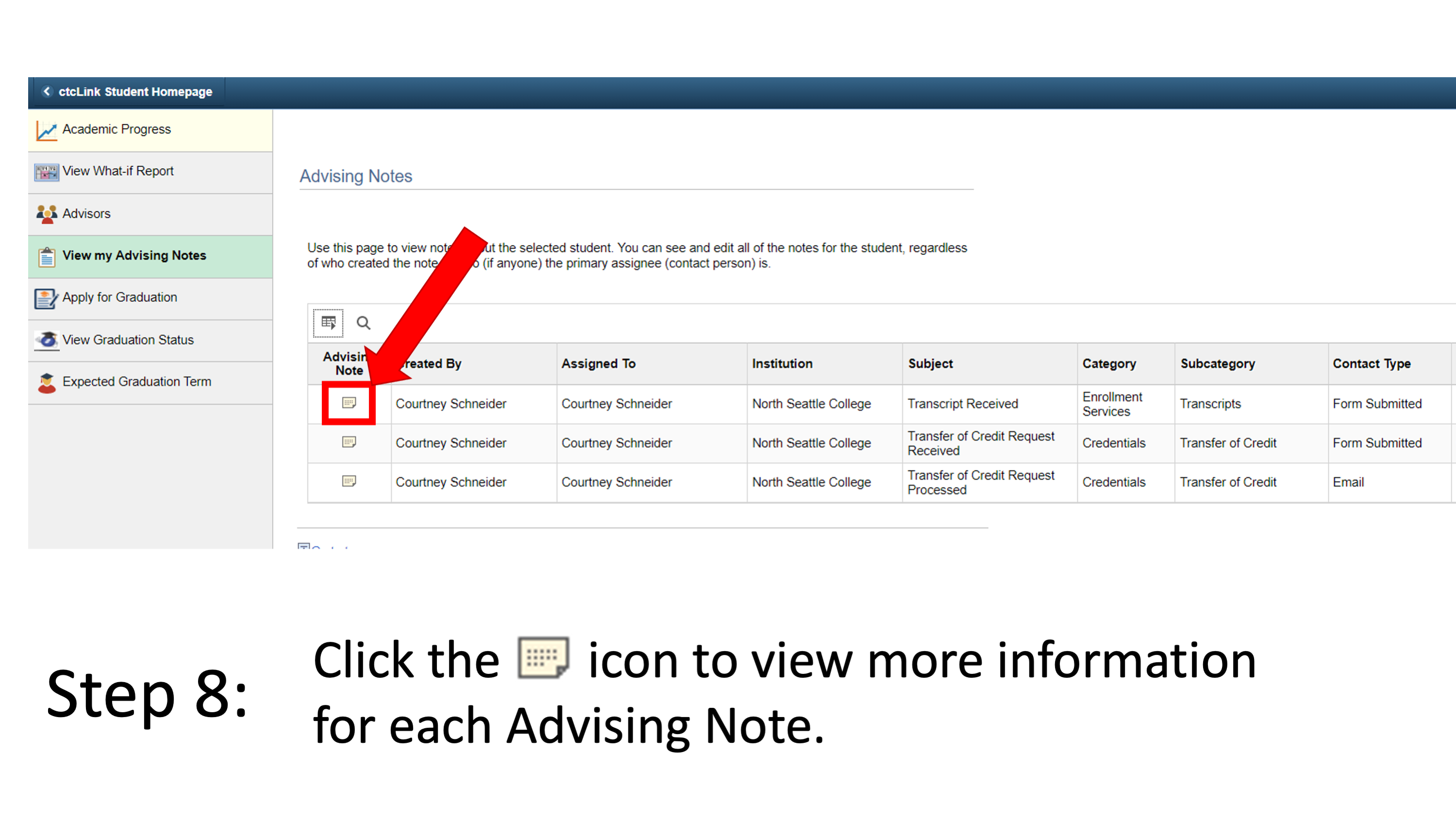 Step 8: Click the keyboard icon to view more information for each Advising Note.