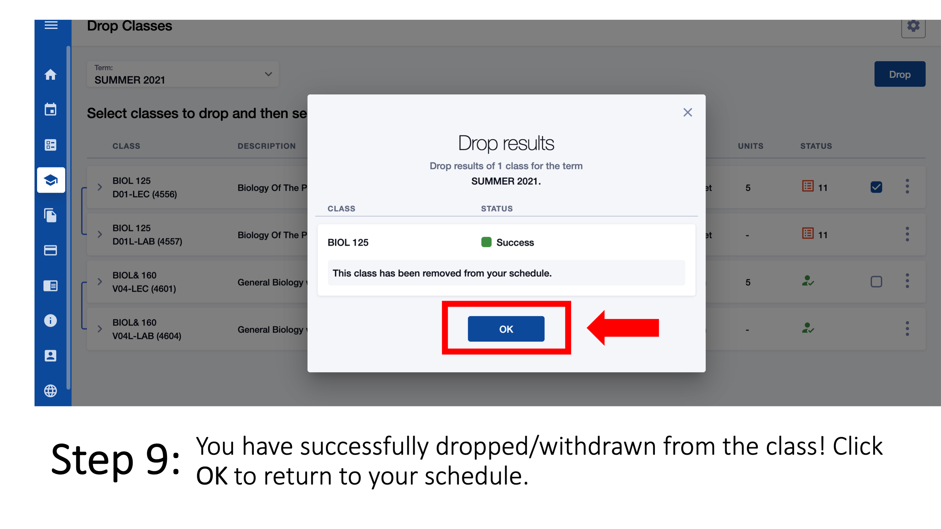 Step 9: You have successfully dropped/withdrawn from the class! Click OK to return to your schedule.