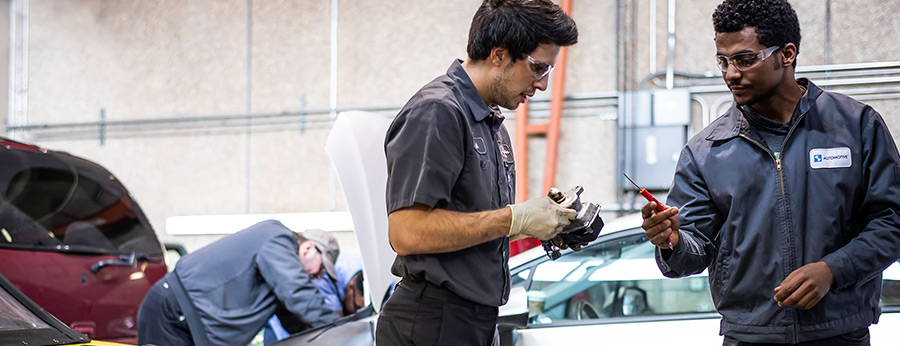  South Seattle College automotive students working in the shop 