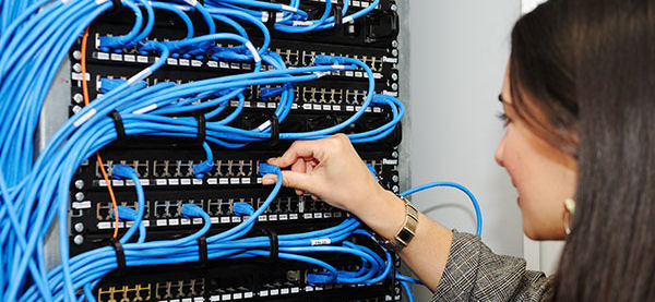  IT networking student working with data cables 