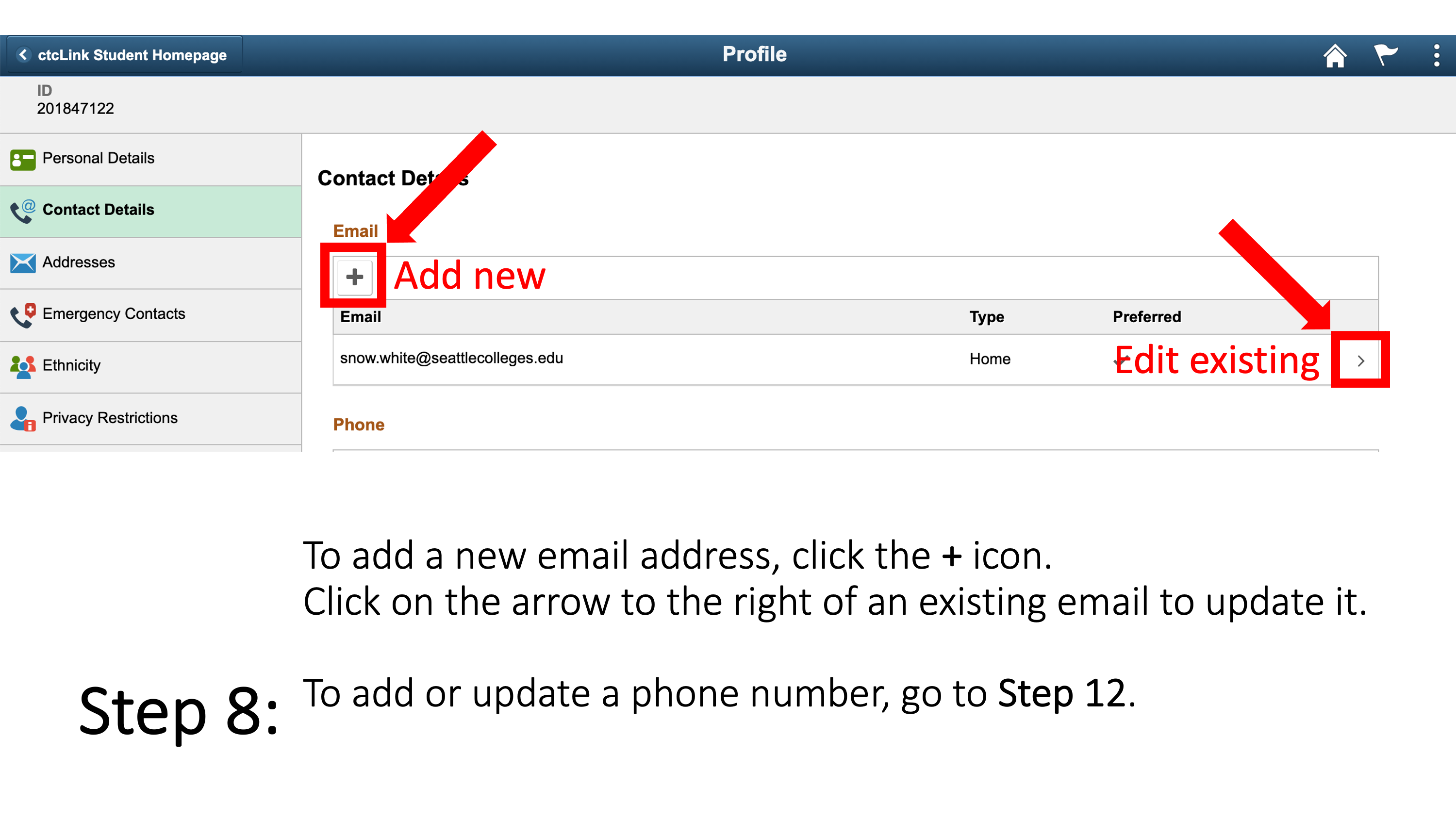 To add a new email address, click the + icon. Click on the arrow to the right of an existing email to update it.