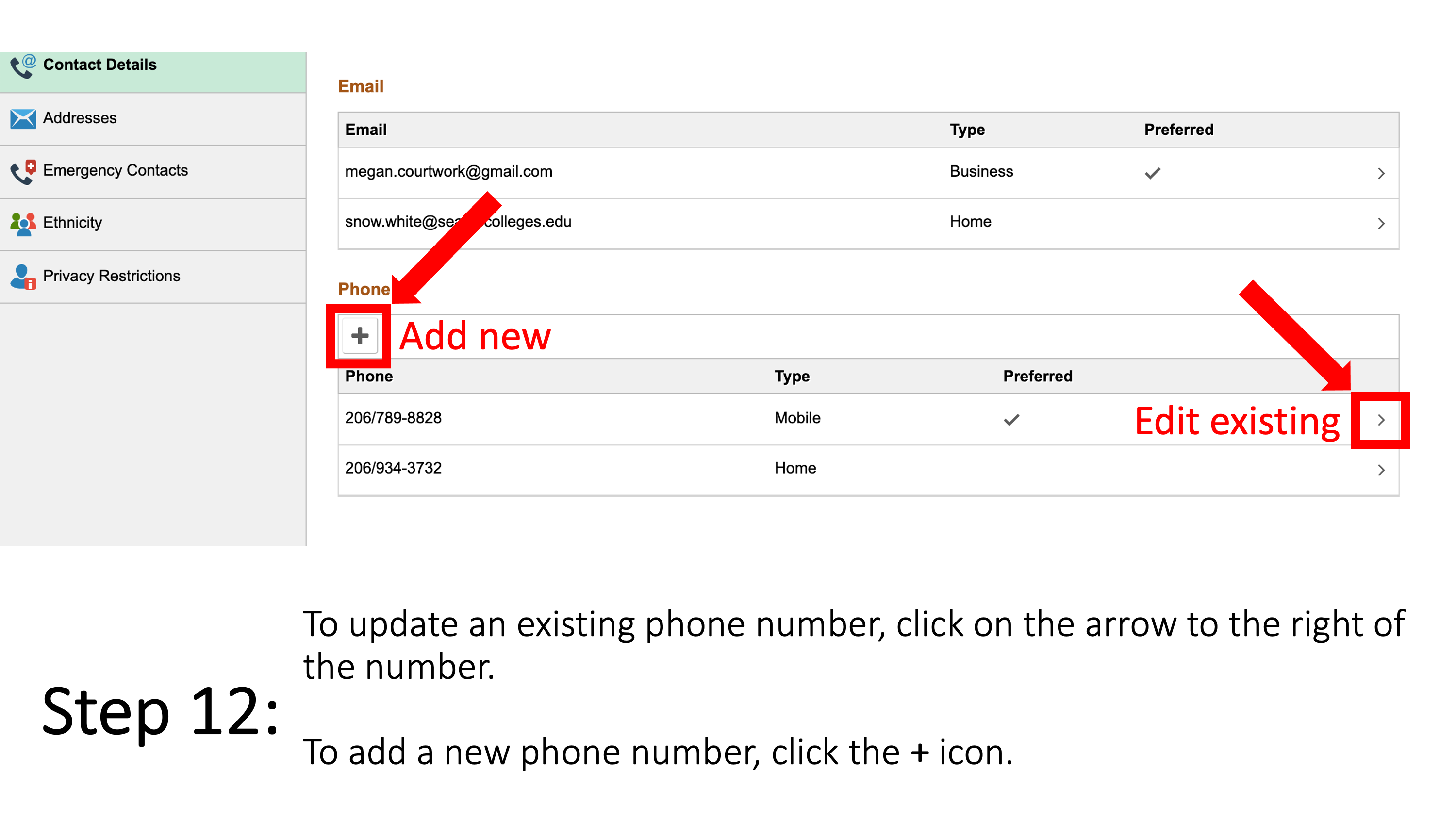 To update an existing phone number, click on the arrow to the right of the number. To add a new phone number, click the + icon.