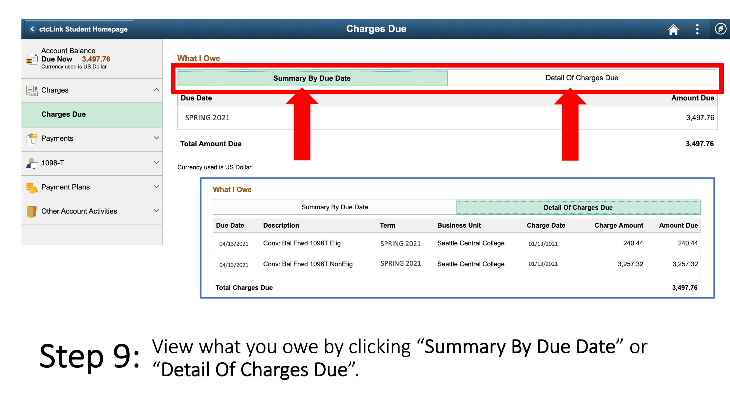 View what you owe by clicking “Summary By Due Date” or “Detail Of Charges Due”.