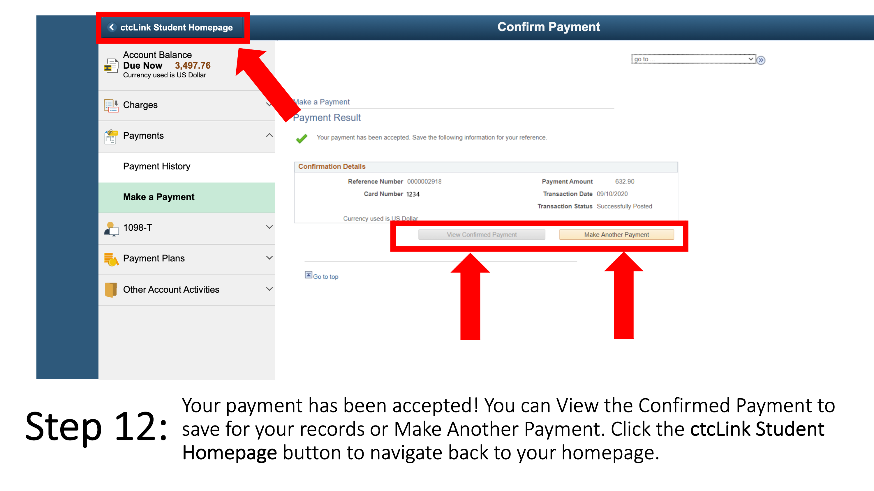 Your payment has been accepted! You can “View the Confirmed Payment” to save for your records or “Make Another Payment”. Click the ctcLink Student Homepage button to navigate back to your homepage.