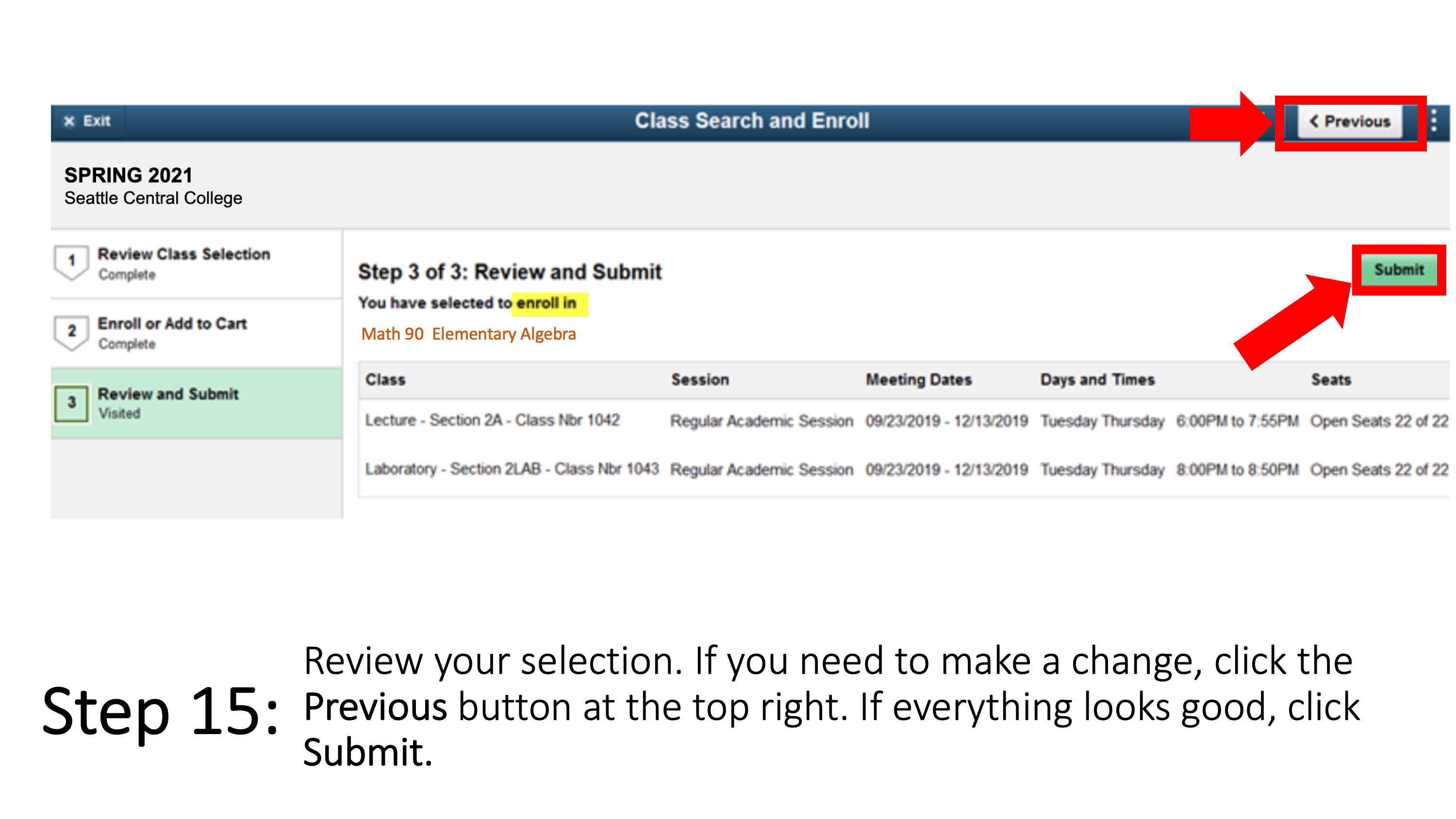 Review your selection. If you need to make a change, click the Previous button at the top right. If everything looks good, click Submit.