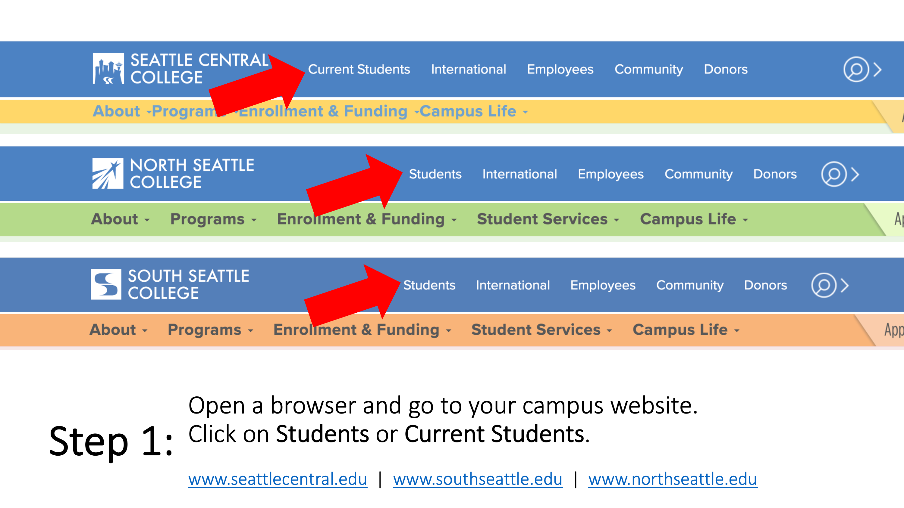 Open a browser and go to your campus website.  Click on Students or Current Students. www.seattlecentral.edu , www.southseattle.edu , or www.northseattle.edu.