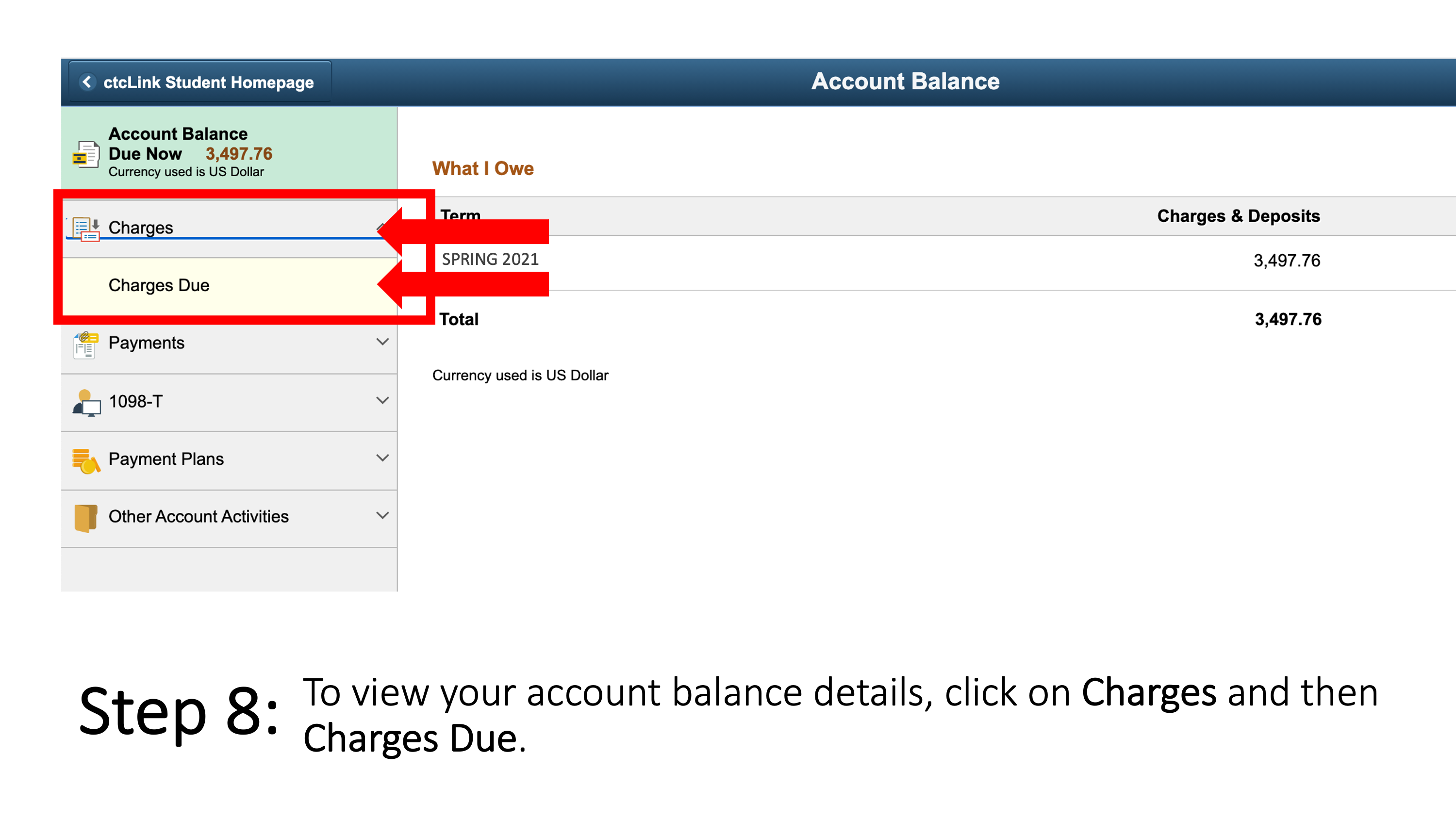 To view your account balance details, click on Charges and then Charges Due.
