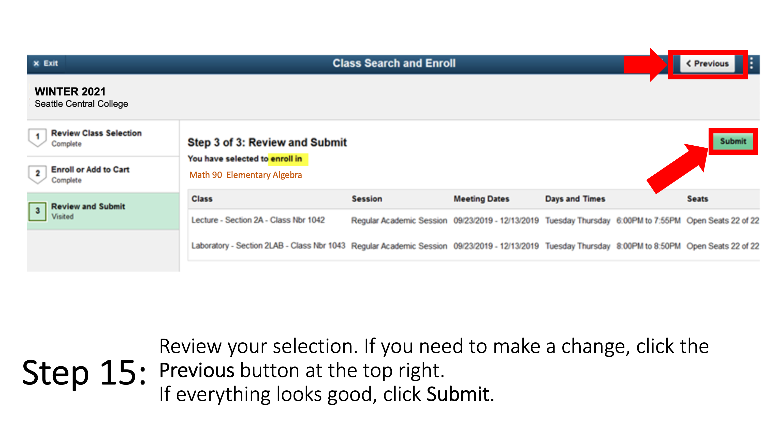 Review your selection. If you need to make a change, click the Previous button at the top right. If everything looks good, click Submit.