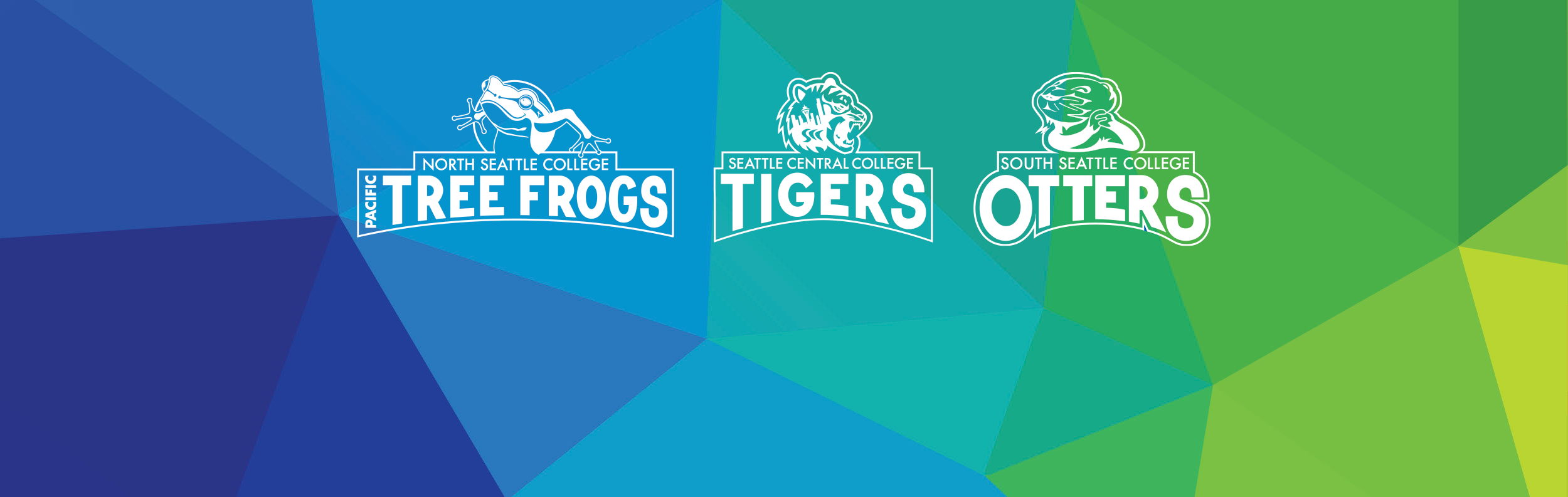 mosaic color background with Tree Frog, Tiger, and Otter mascot images at top