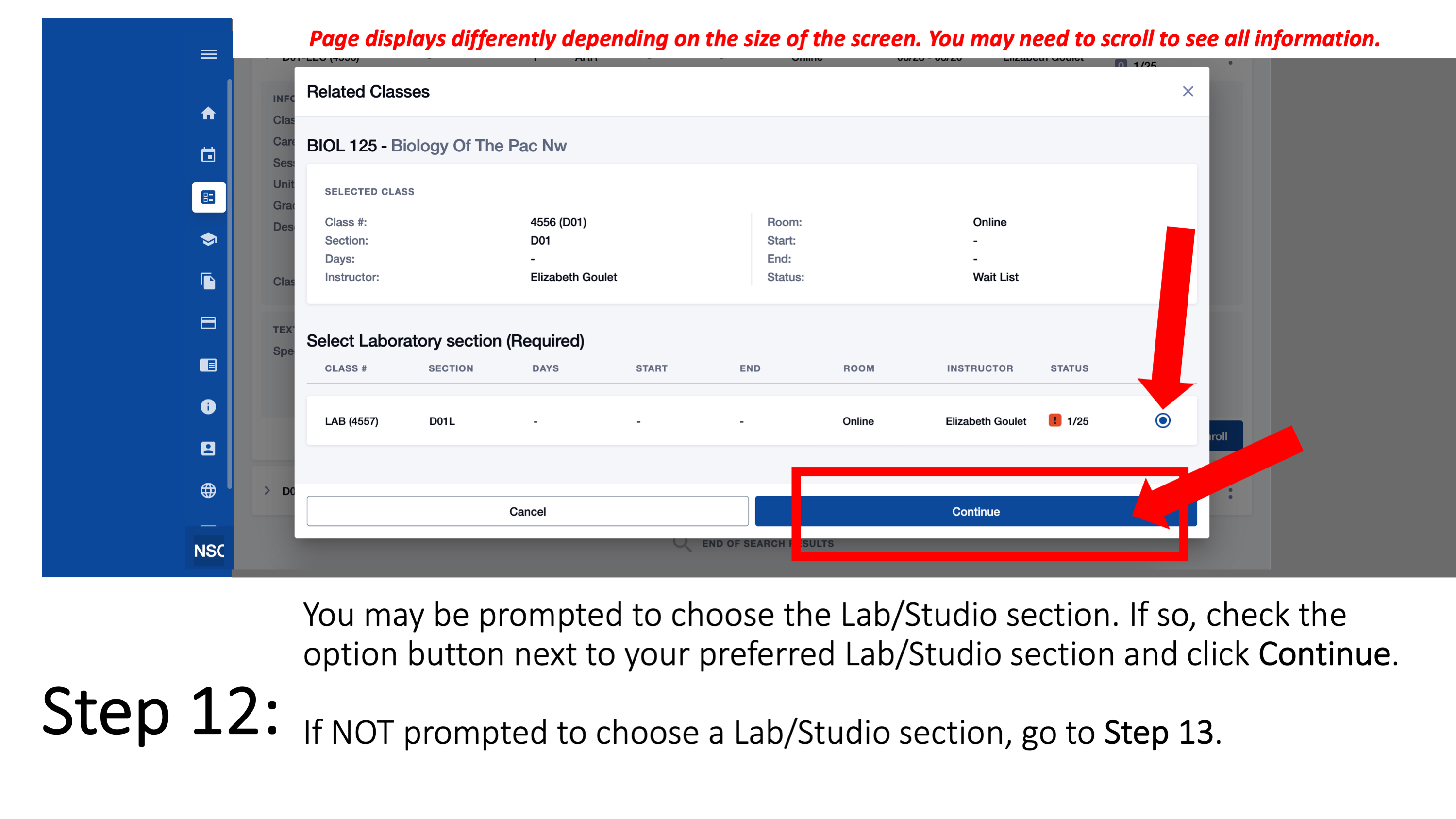Step 12: You may be prompted to choose the Lab/Studio section. If so, check the option button next to your preferred Lab/Studio section and click Continue. If NOT prompted to choose a Lab/Studio section, go to Step 13. Page displays differently depending on the size of the screen. You may need to scroll to see all information.