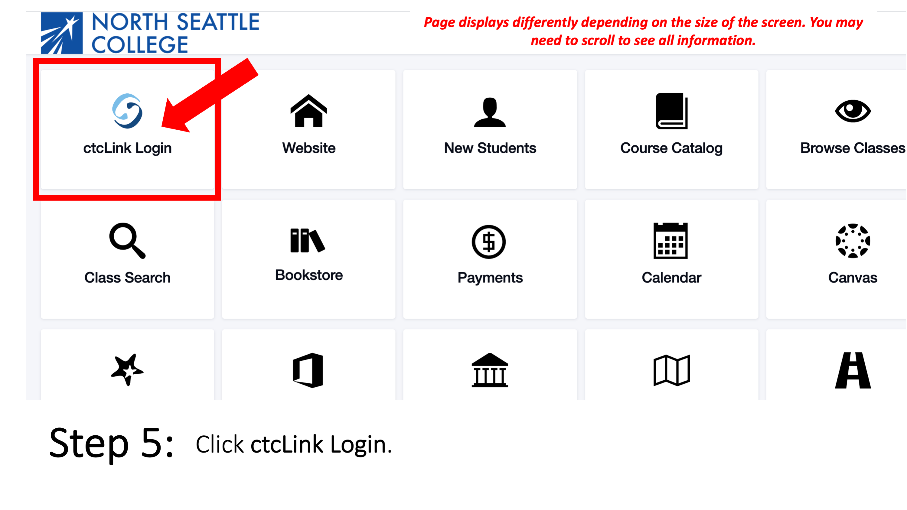 Step 5: Click on ctcLink Login. Page displays differently depending on the size of the screen. You may need to scroll to see all information.