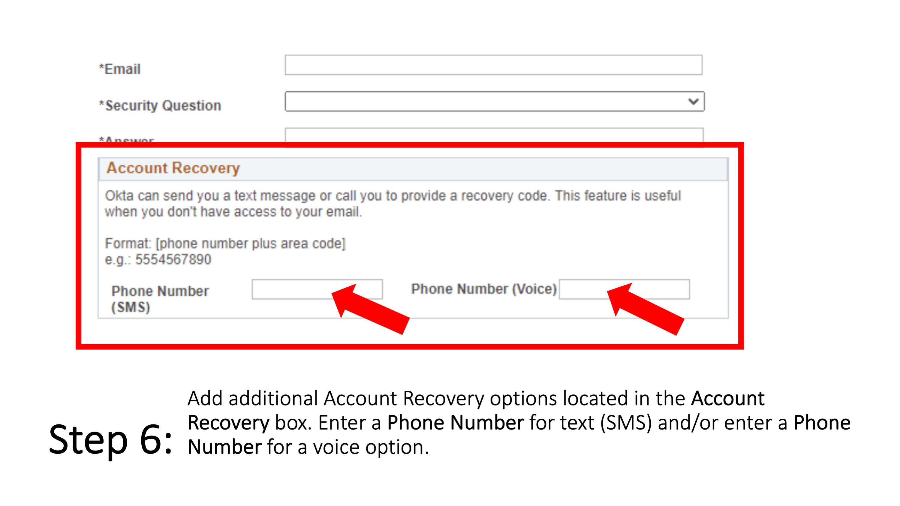 Step 6: Add additional Account Recovery options located in the Account Recovery box. Enter a Phone Number for text (SMS) and/or enter a Phone Number for a voice option. 