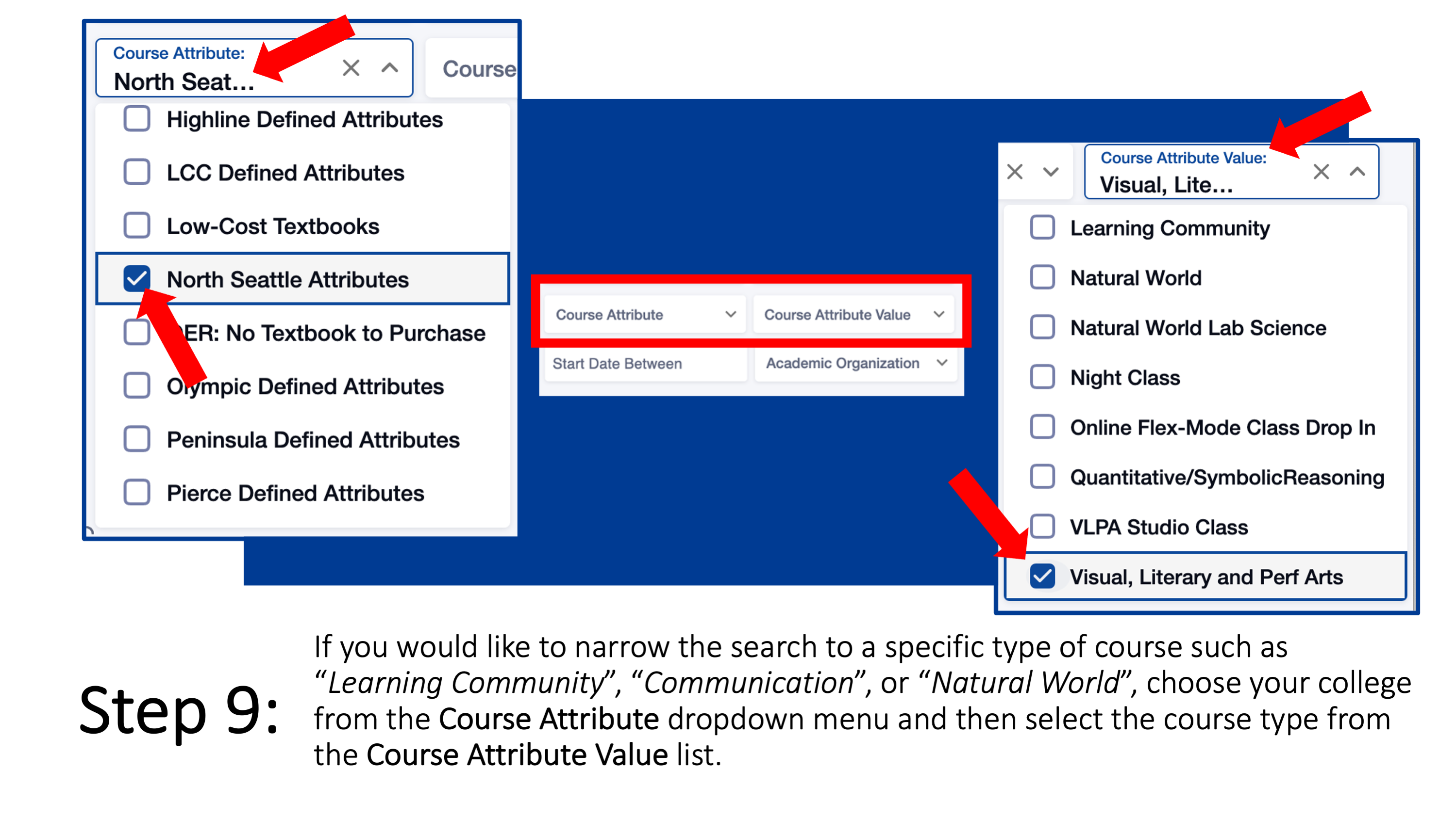 Step 9: If you would like to narrow the search to a specific type of course such as “Learning Community”, “Communication”, or “Natural World”, choose your college from the Course Attribute dropdown menu and then select the course type from the Course Attribute Value list. Check the Show Open Classes Only box to see ONLY OPEN CLASSES. Leave it unchecked to see open and closed (full) classes.