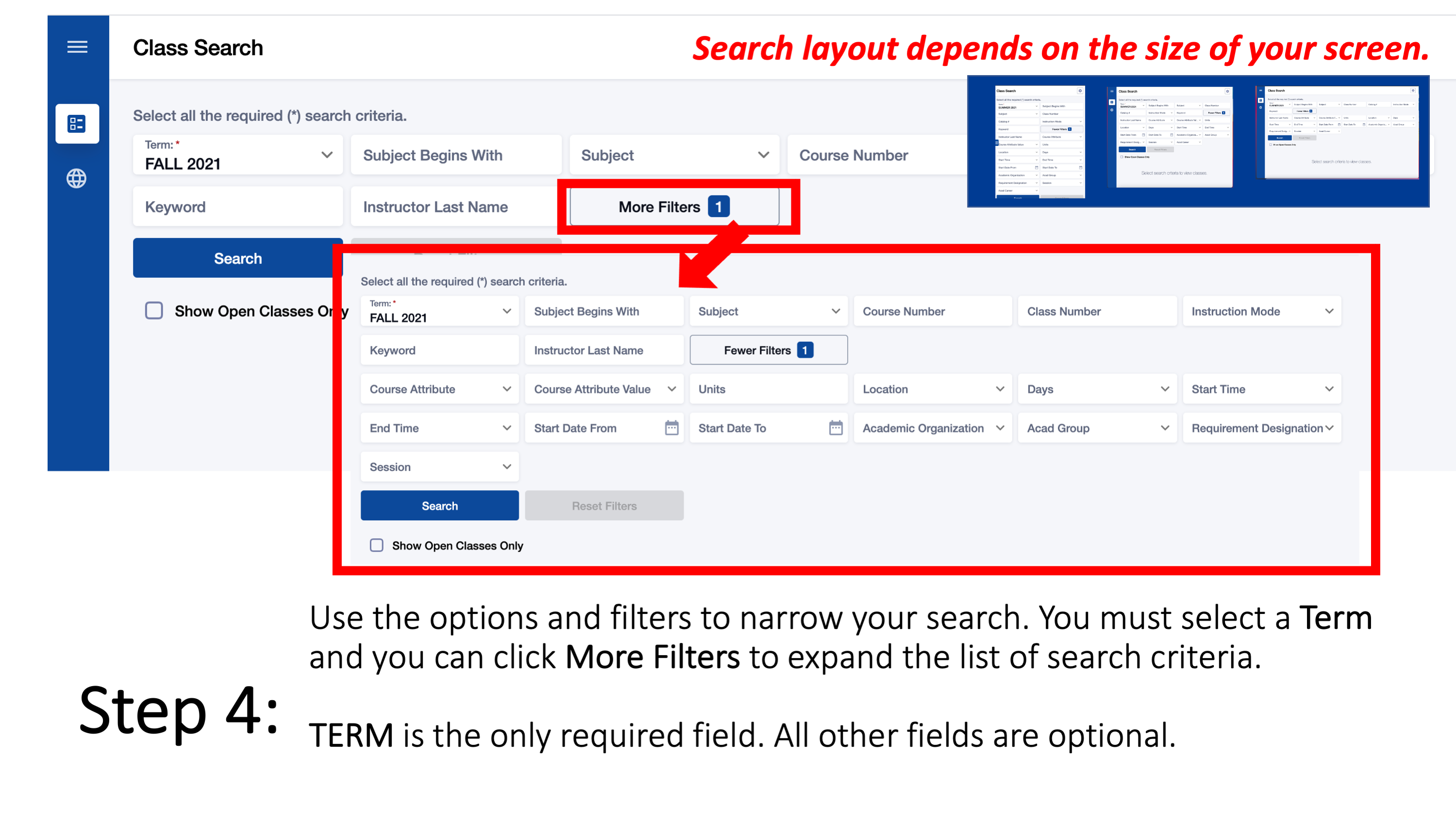 Step 4: Use the options and filters to narrow your search. You must select a Term and you can click More Filters to expand the list of search criteria. TERM is the only required field. All other fields are optional. Search layout depends on the size of your screen.