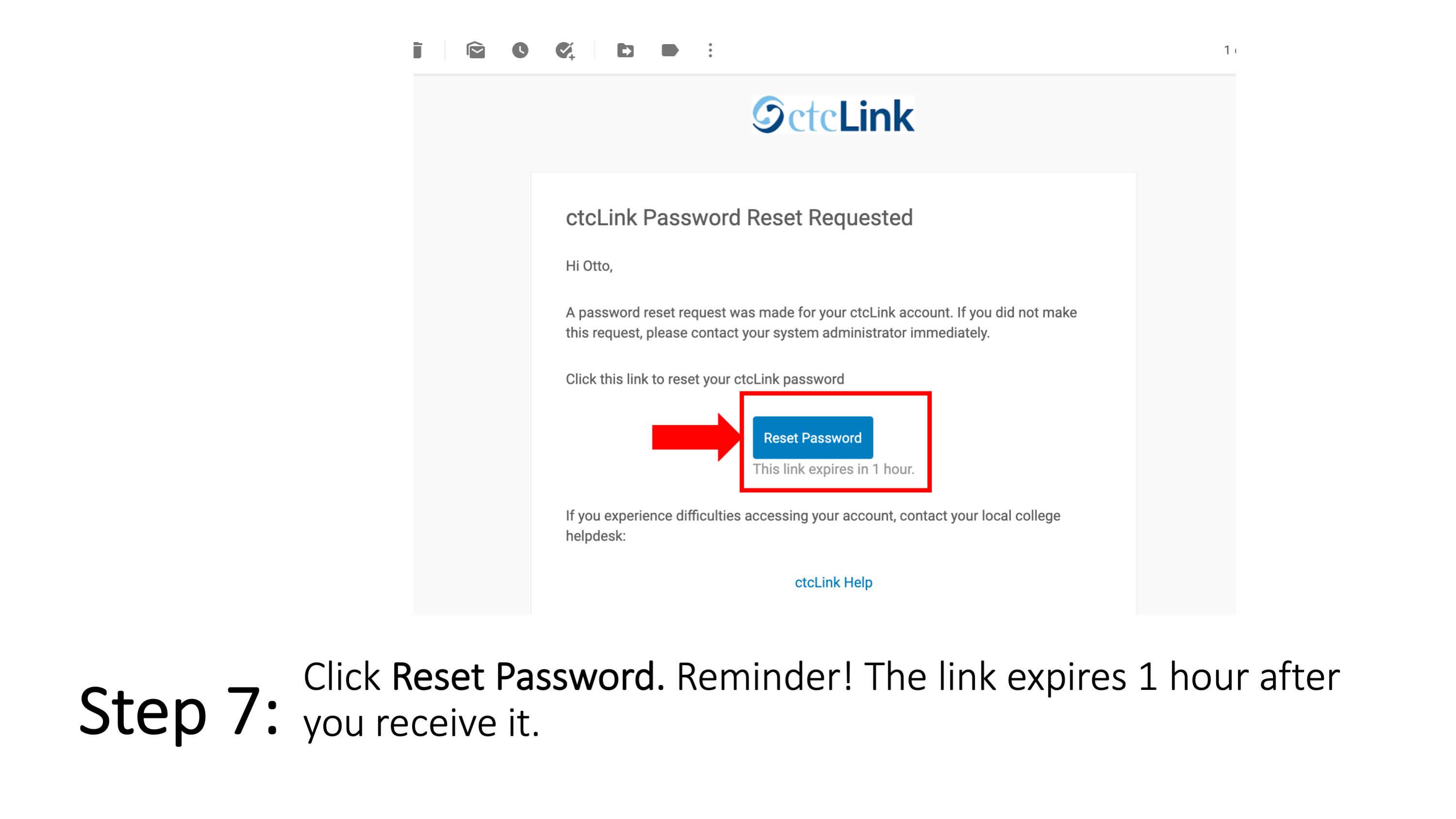 Step 7: Click Reset Password. Reminder! The link expires 1 hour after you receive it.