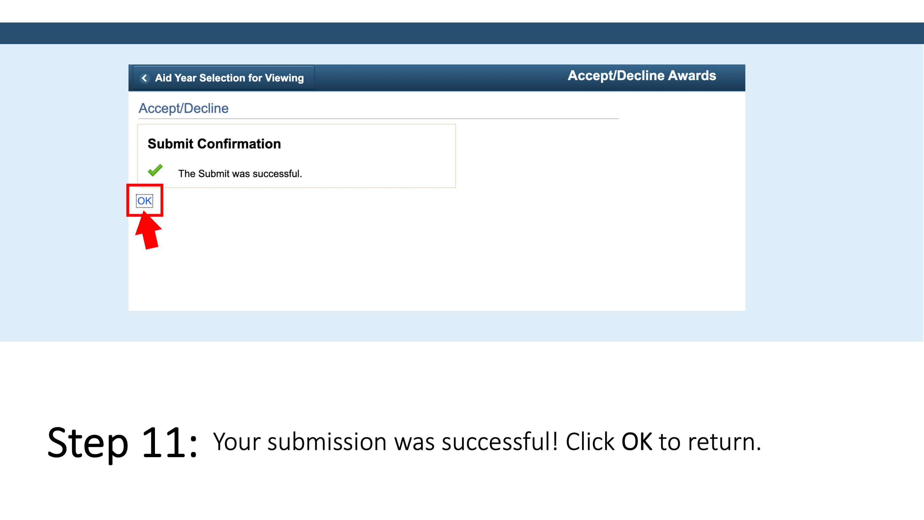 Step 11: Your submission was successful! Click OK to return.