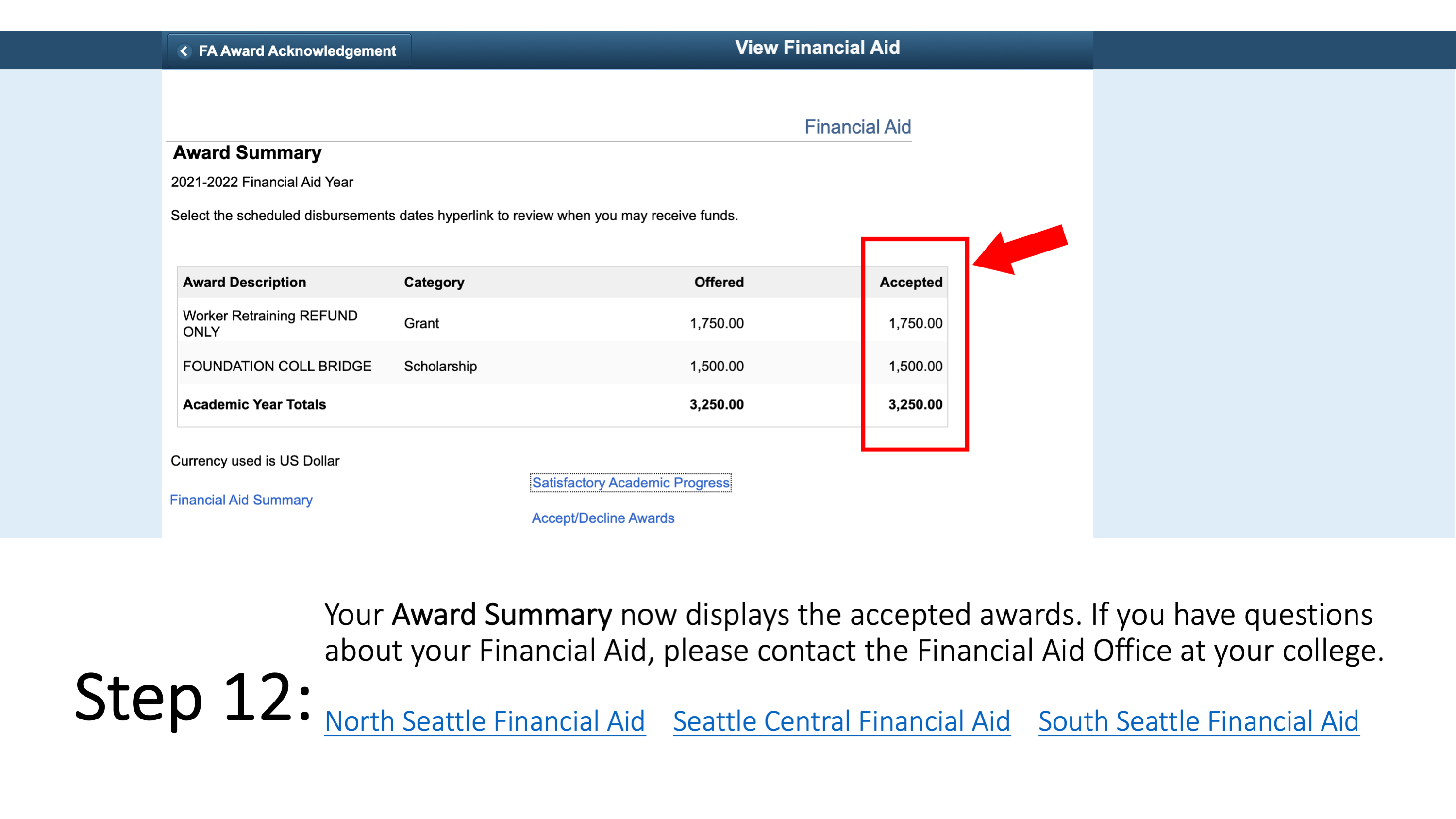 Step 12: Your Award Summary now displays the accepted awards. If you have questions about your Financial Aid, please contact the Financial Aid Office at your college. North Seattle Financial Aid, Seattle Central Financial Aid, South Seattle Financial Aid.