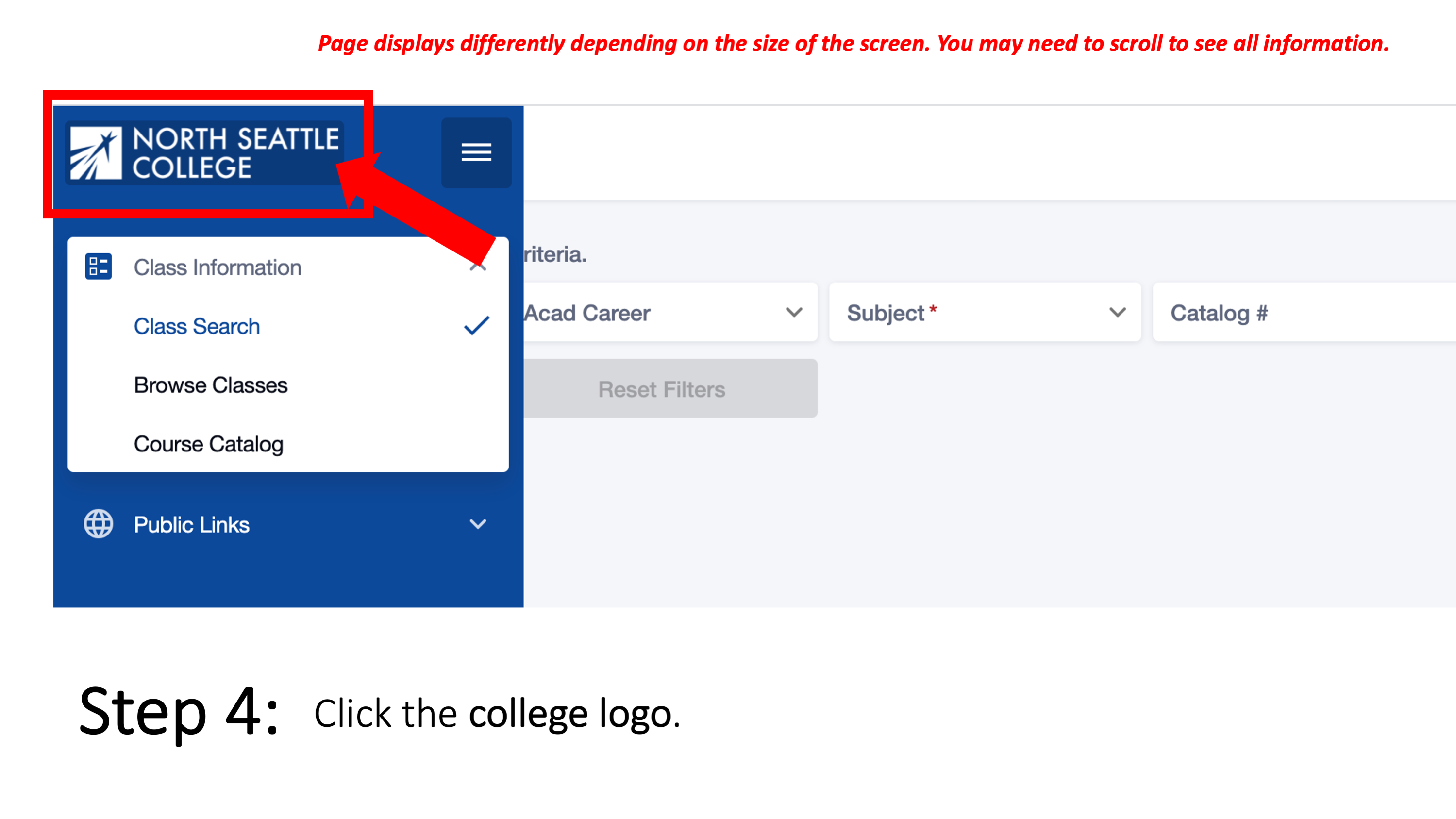 Step 4: Click the college logo. Page displays differently depending on the size of the screen. You may need to scroll to see all information.