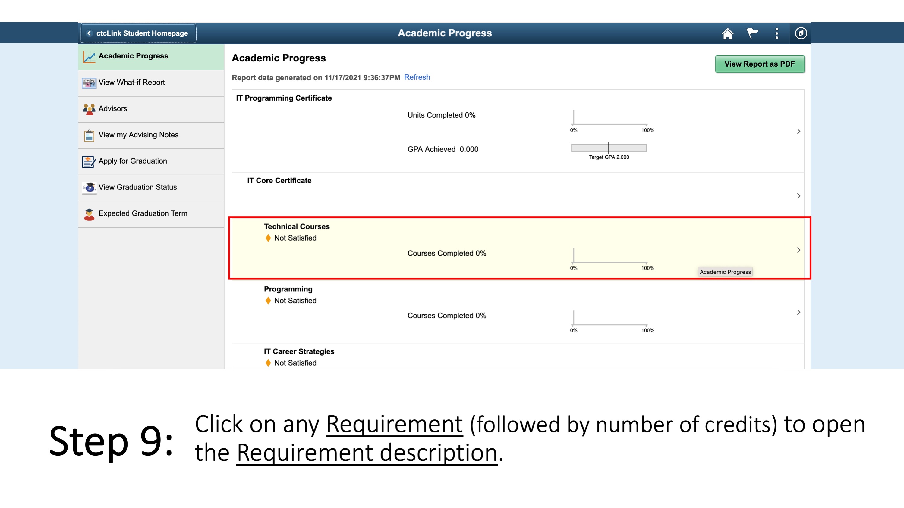 Step 9: Click on any Requirement (followed by number of credits) to open the Requirement description. 