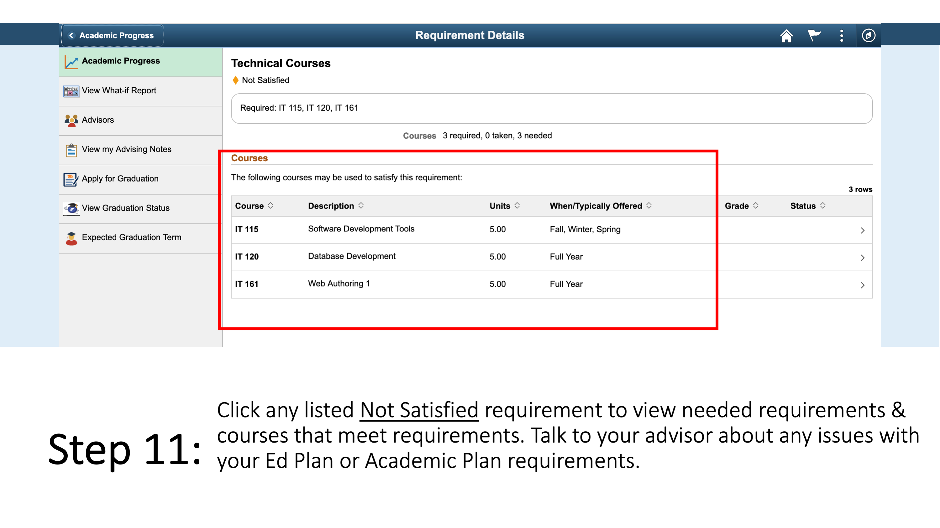 Step 11: Click any listed Not Satisfied requirement to view needed requirements & courses that meet requirements. Talk to your advisor about any issues with your Ed Plan or Academic Plan requirements. 