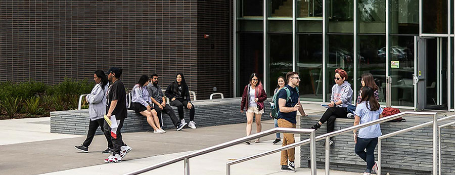  Group of students outside a campus building 