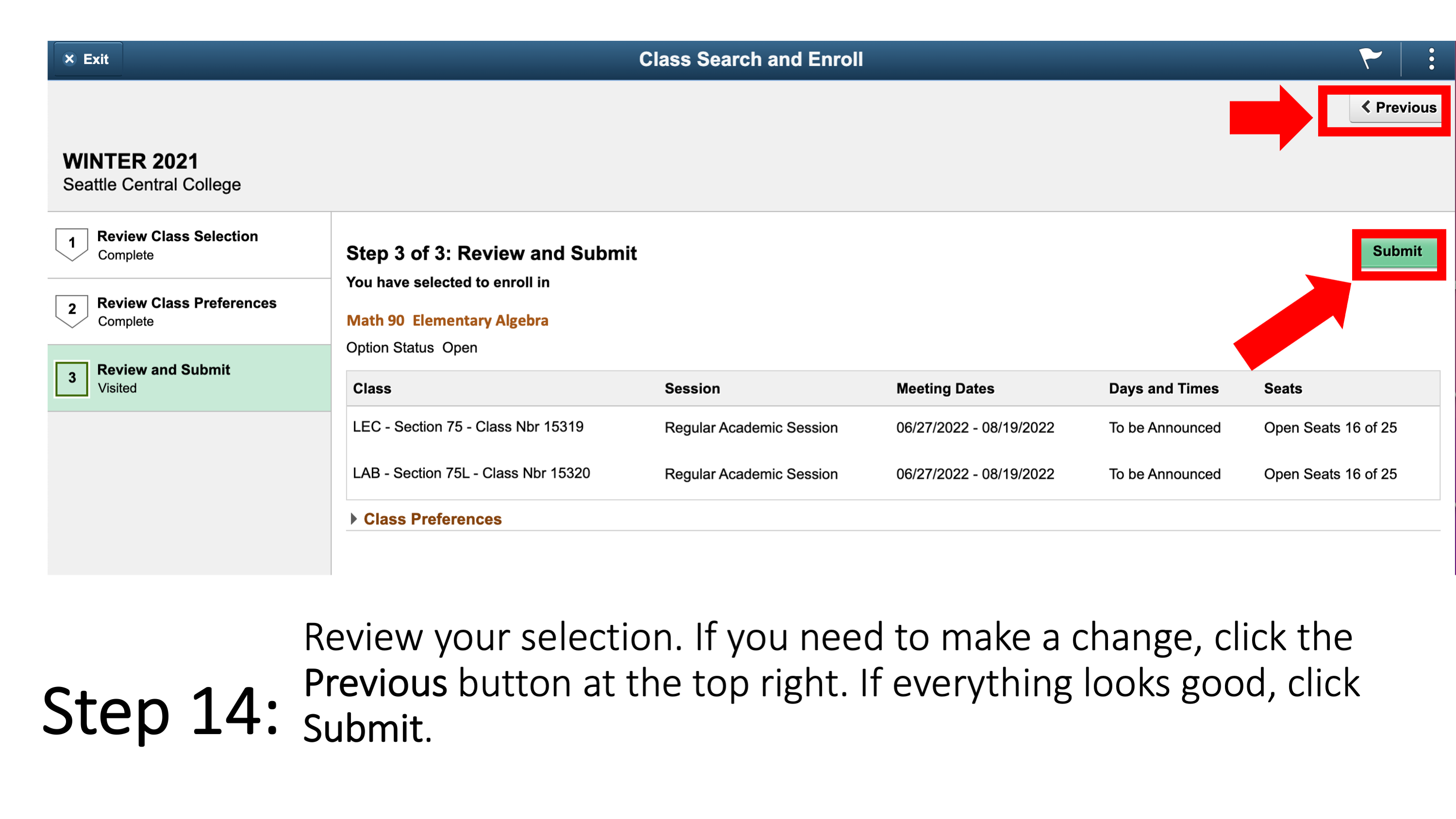 Step 14: Review your selection. If you need to make a change, click the Previous button at the top right. If everything looks good, click Submit. 