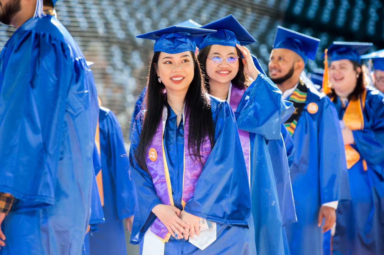 Student entering the stadium for the ceremony