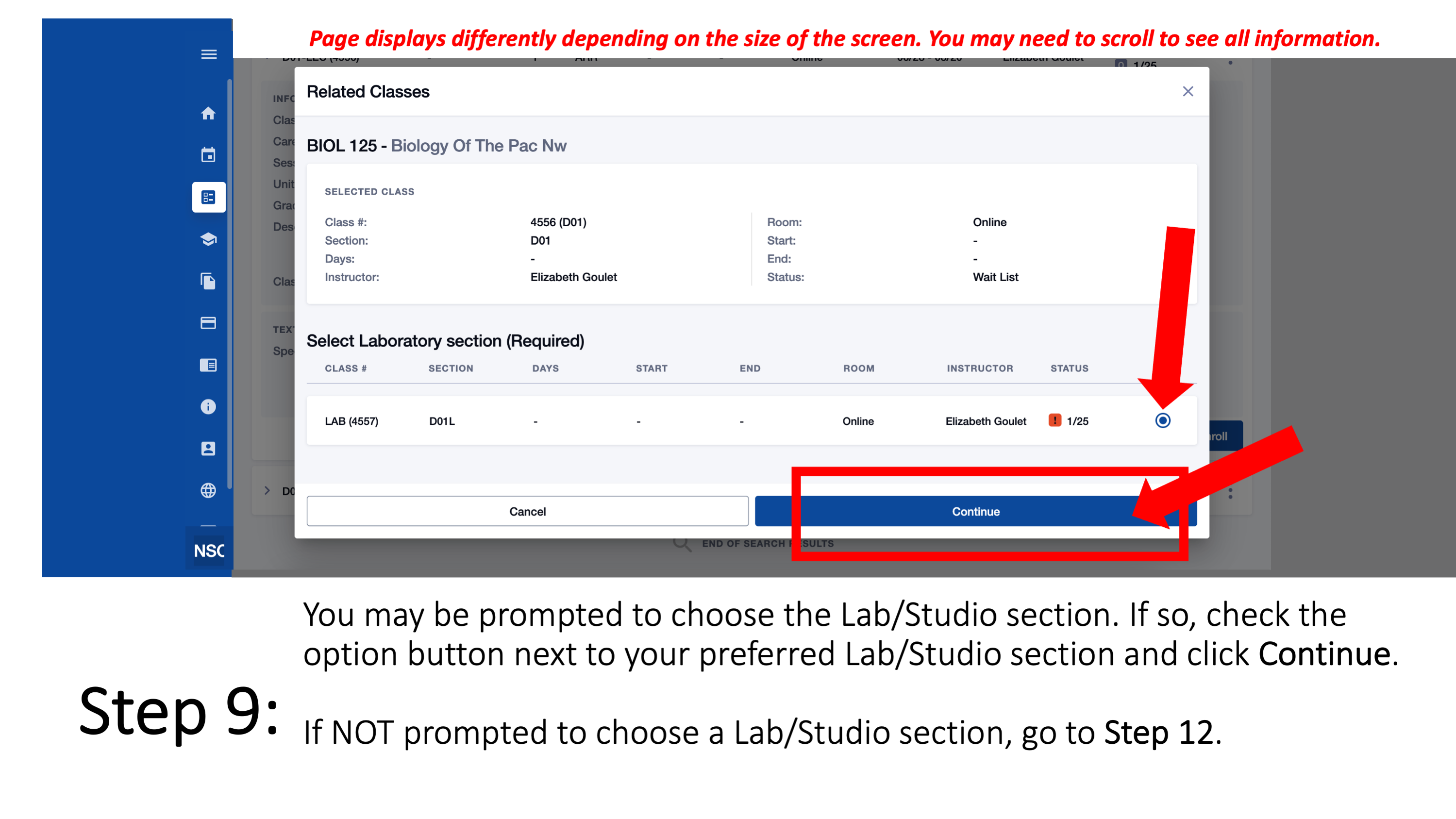 Step 9: You may be prompted to choose the Lab/Studio section. If so, check the option button next to your preferred Lab/Studio section and click Continue. If NOT prompted to choose a Lab/Studio section, go to Step 12.