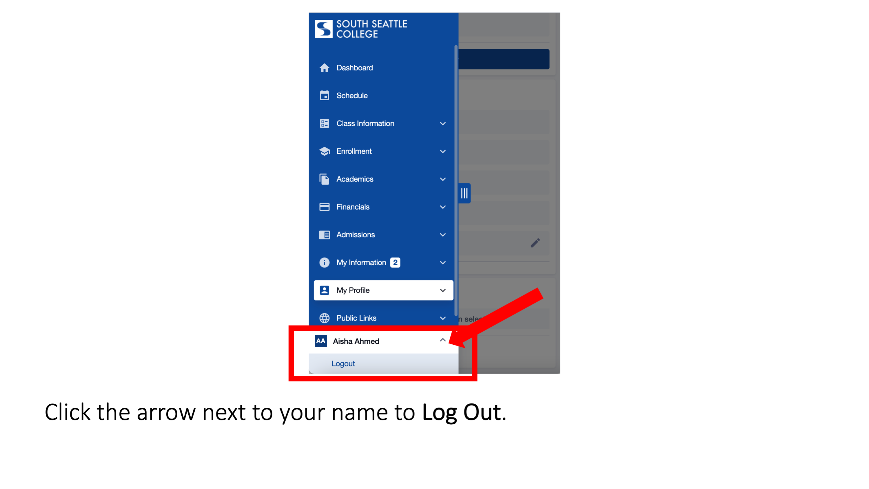 Click the arrow next to your name to Log Out. 