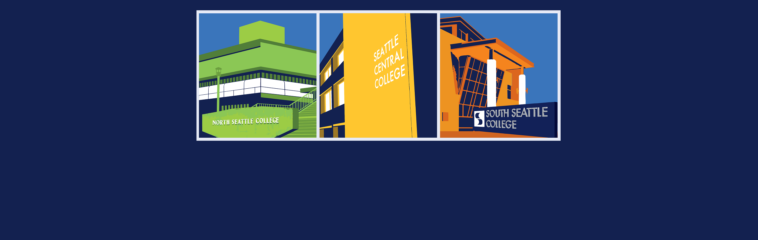 collage of stylized images of buildings and signage at North Seattle College, Seattle Central College, and South Seattle College
