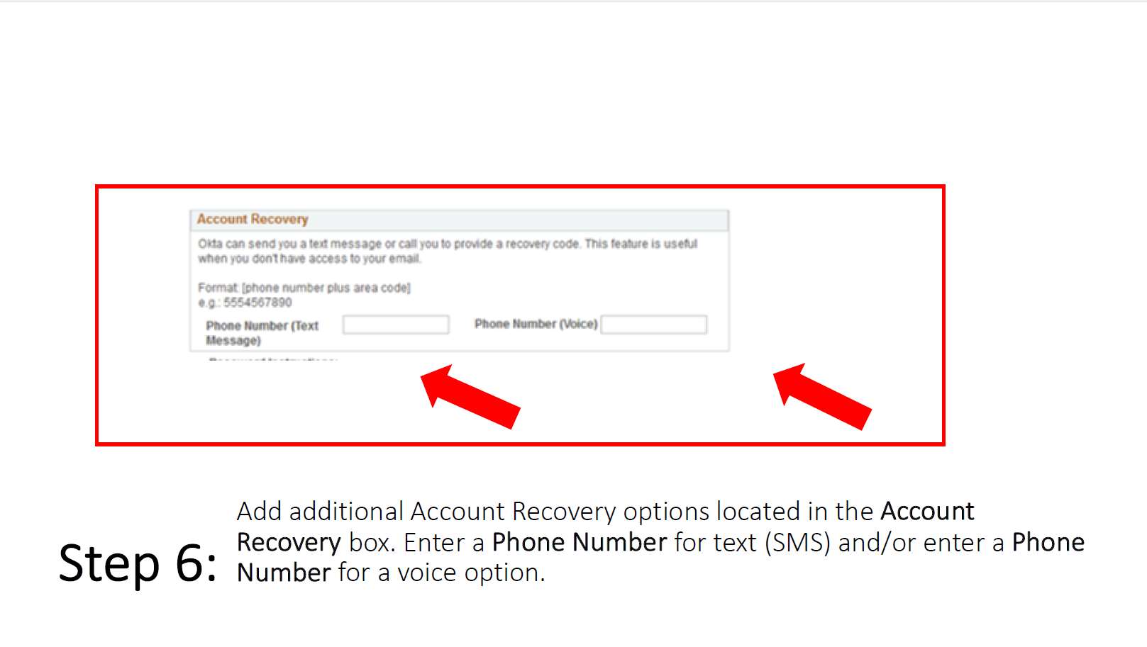 Step 6: Add additional Account Recovery options located in the Account Recovery box. Enter a Phone Number for text (SMS) and/or enter a Phone Number for a voice option. 