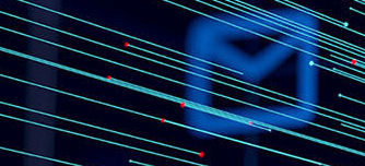 an electric blue stylized image of an envelope representing email with several lines of light streaking across the image