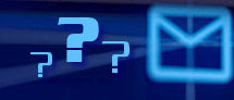 an electric blue stylized image of an envelope representing email with three blue questions marks