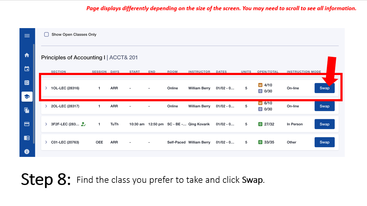 Step 8: Find the class you prefer to take and click Swap. Image is a screen capture of the resulting course search with a different class selected and at the right side of the screen an arrow points to the SWAP button.