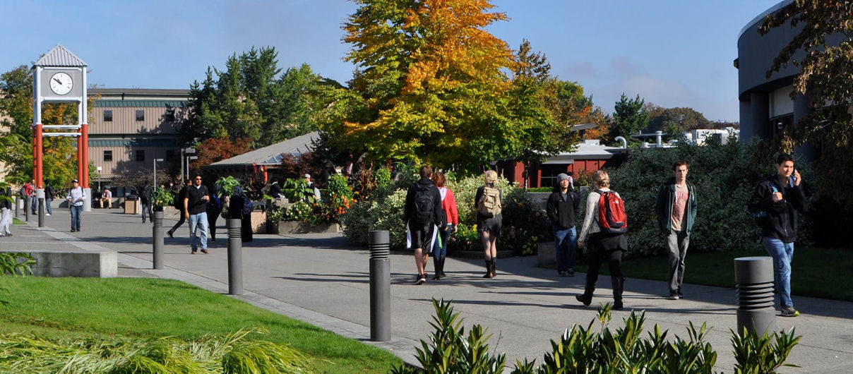 students walking along the sidewalk on the South Seattle College campus