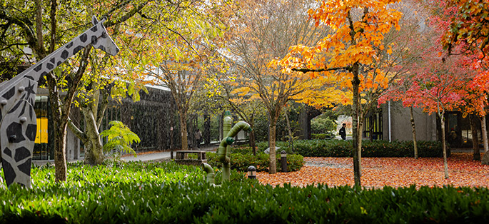 North Seattle College courtyard, sculpture, and leaves