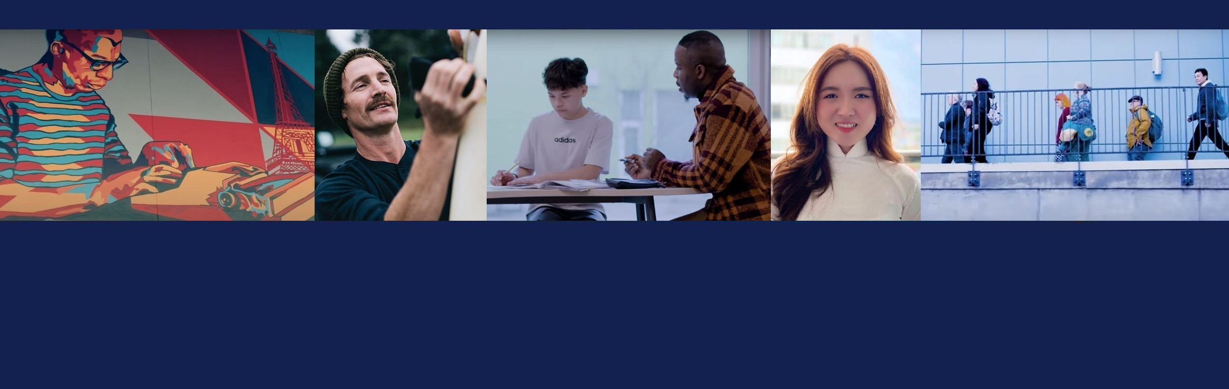 a sequence of images including part of the colorful James Baldwin mural, a person adjusting a camera outdoors, a teacher and student at a table, a smiling student, people walking along a sidewalk