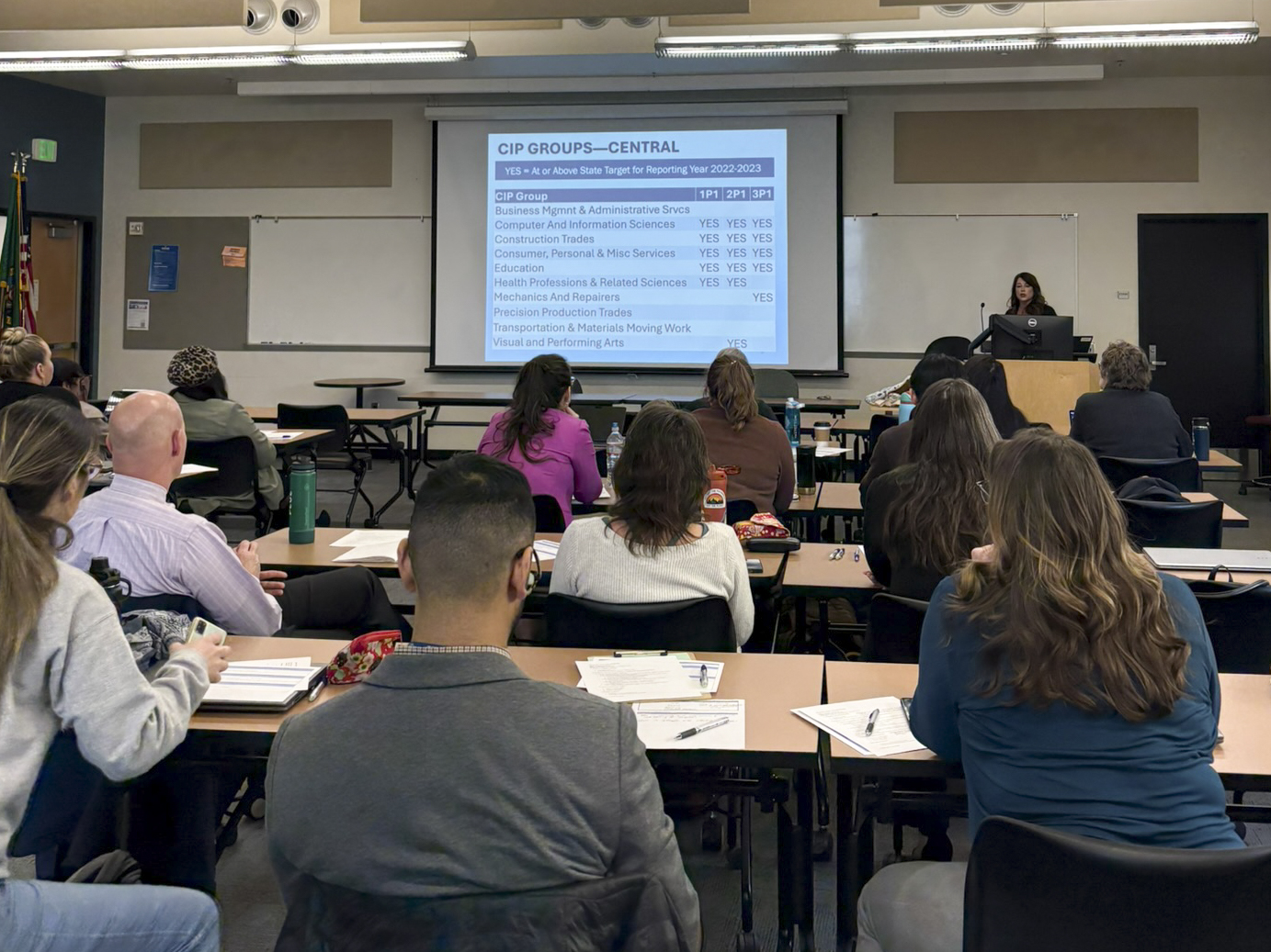 Speaker and attendees at 2025's first Deans' Council Meeting hosted at South Seattle College's Georgetown Campus.