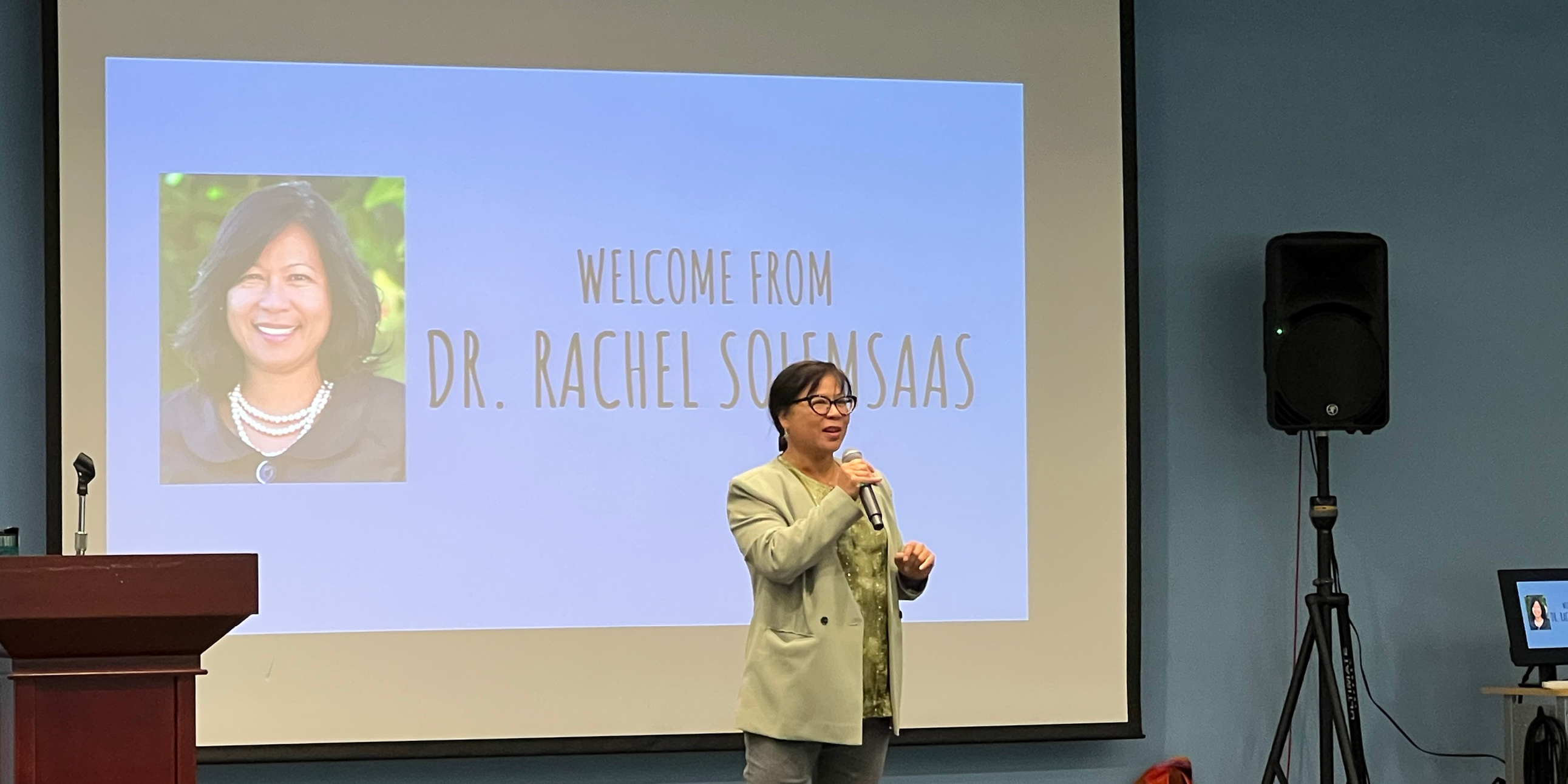 Dr. Rachel Solemsaas, President of North Seattle College, welcoming attendees to one of the Discover Seattle Colleges events.