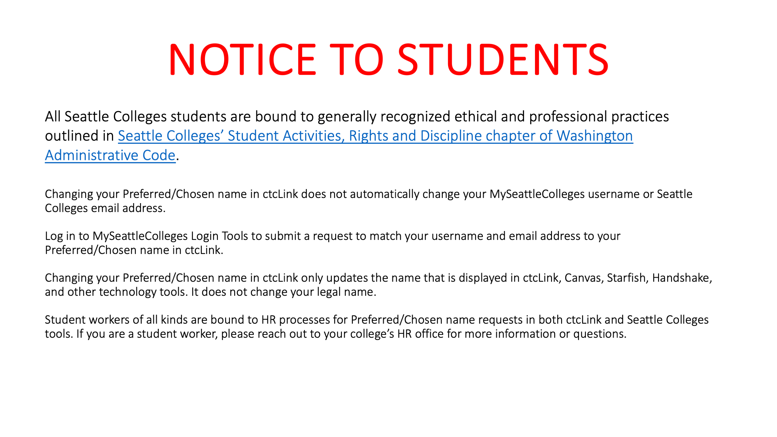 NOTICE TO STUDENTS about rights and responsibilities
