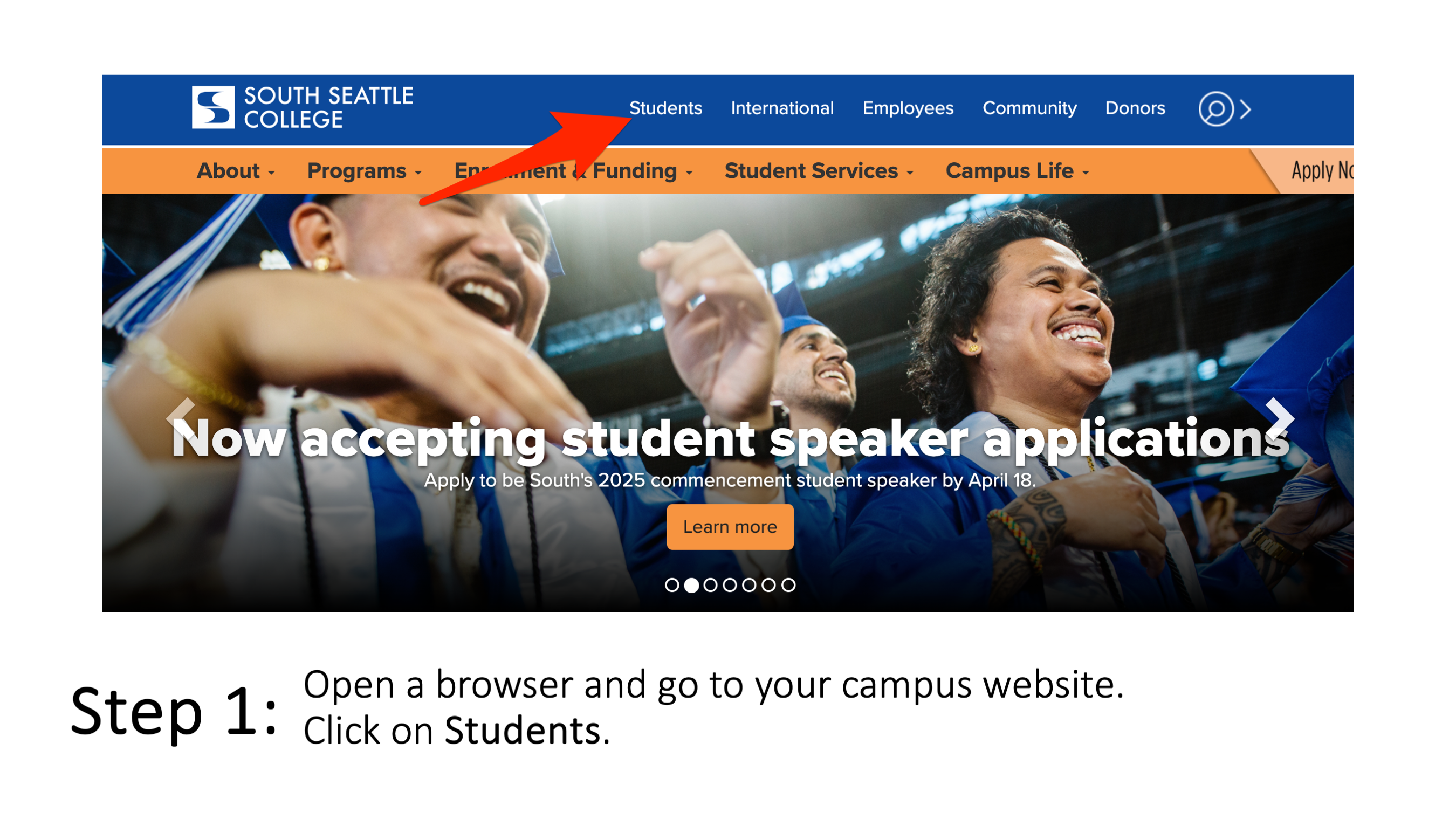 Step 1: Open a browser and go to your campus website. Click on Students. 