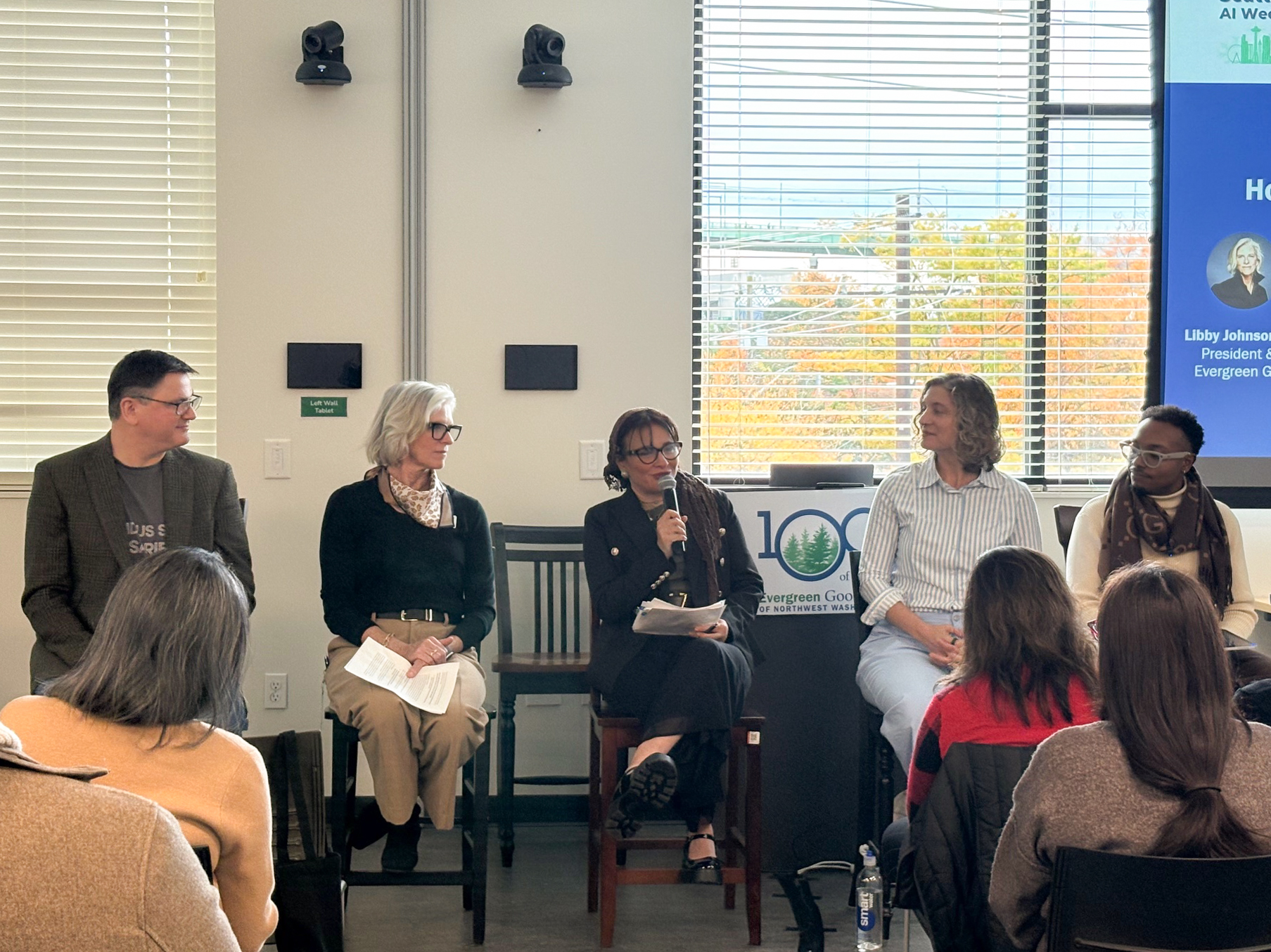 Dr. Dalia Sherif (Sr. Exec. Dir. of Workforce Development) at the Evergreen Goodwill's "Equity by Design" panel.