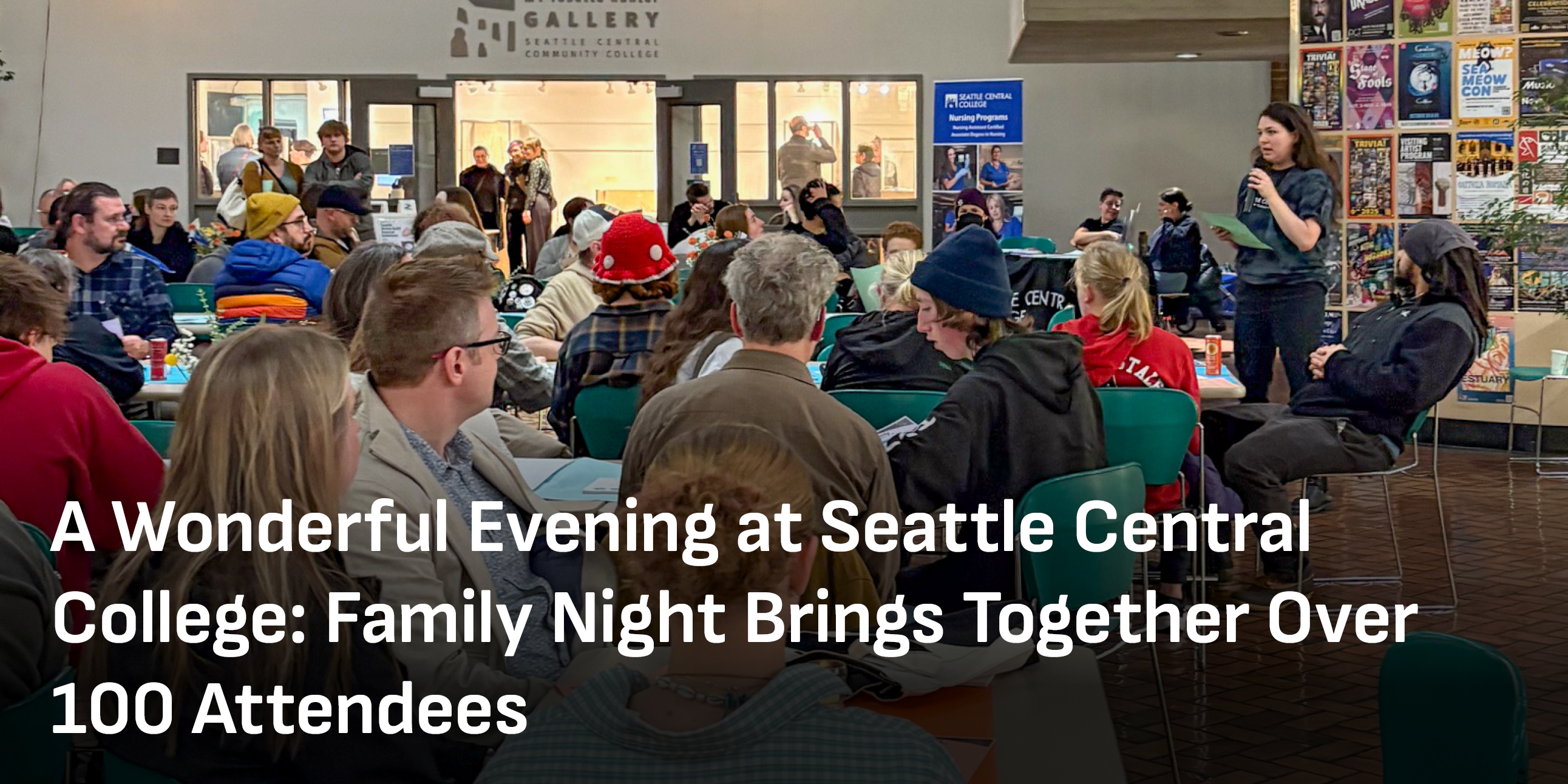 Rachel Andre speaks to the 100+ attendees at Seattle Central College family night