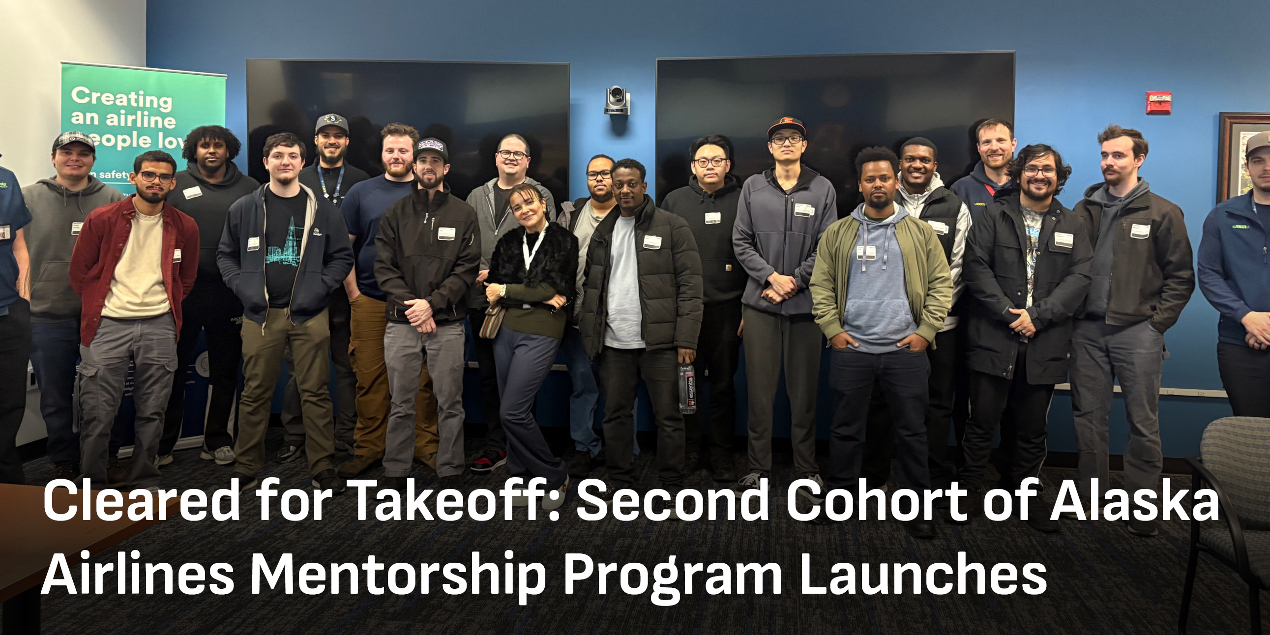 Group of AMT Mentorship students posing with representatives from Seattle Colleges and Alaska Airlines