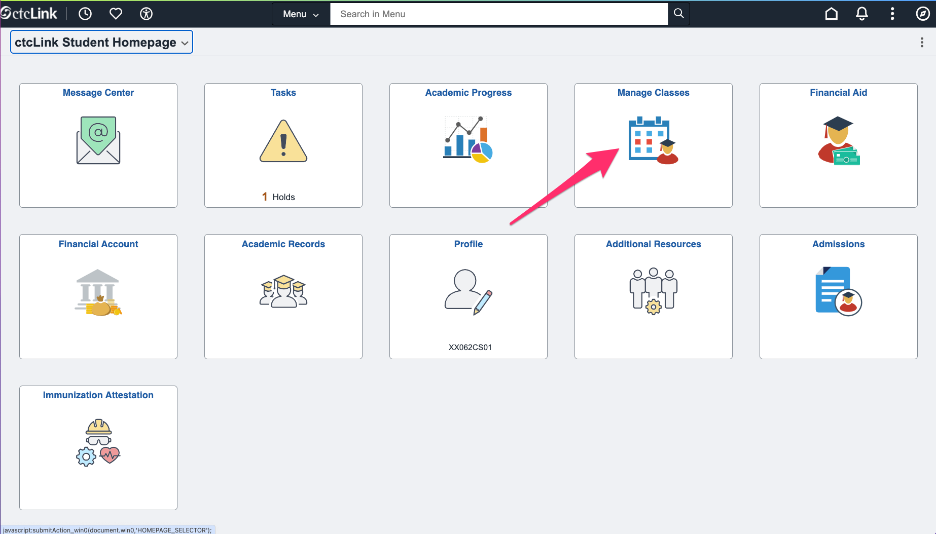 Screenshot of the ctcLink Student Homepage with a pink arrow pointing to the Manage Classes tile.