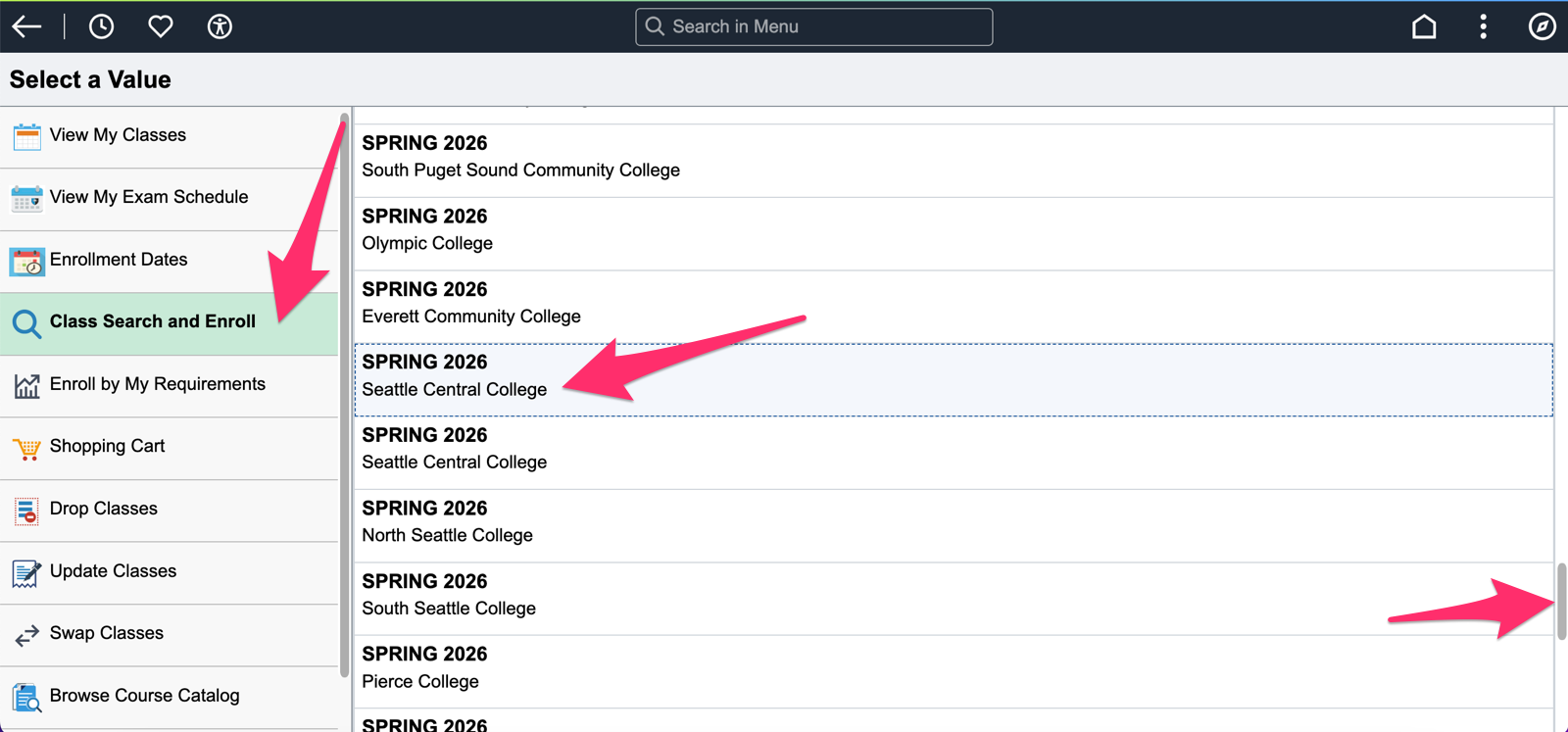 Screenshot with a pink arrow pointing to "Search Class and Enroll" on the left with another pink arrow pointing to a selected college and term on the right.