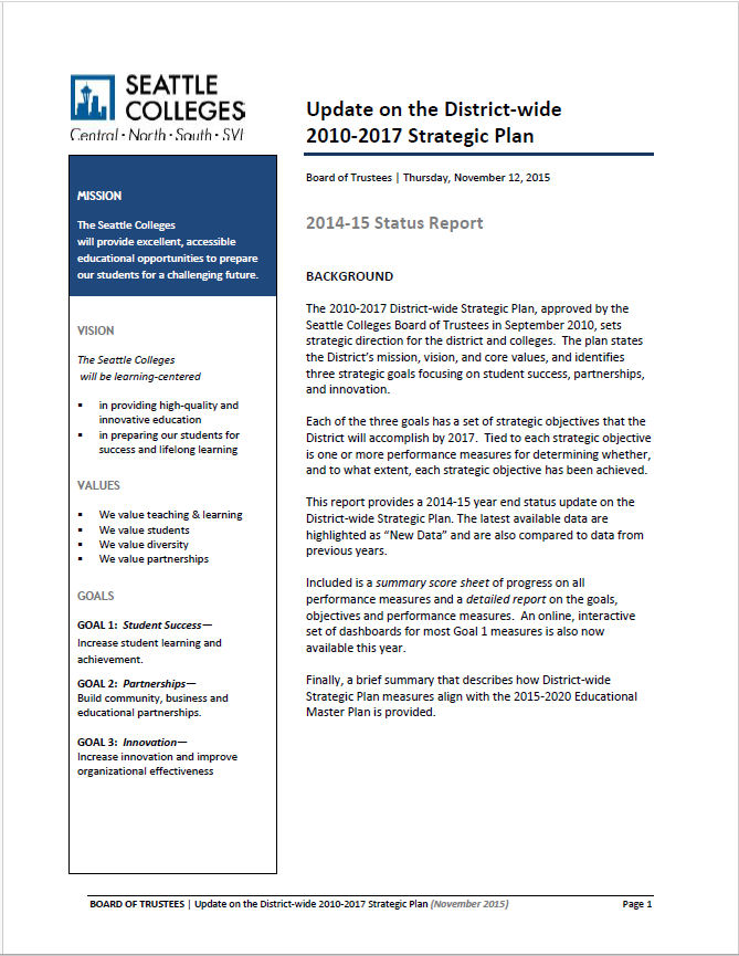 Thumbnail of Update Report Cover for 2010-17 Strategic Plan - text with Seattle Colleges logo