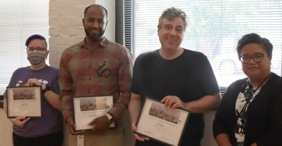 Left to right: Diane Ellis, Feraol Beyene, Eric Mead, Interim Chancellor Rosie Rimando-Chareunsap